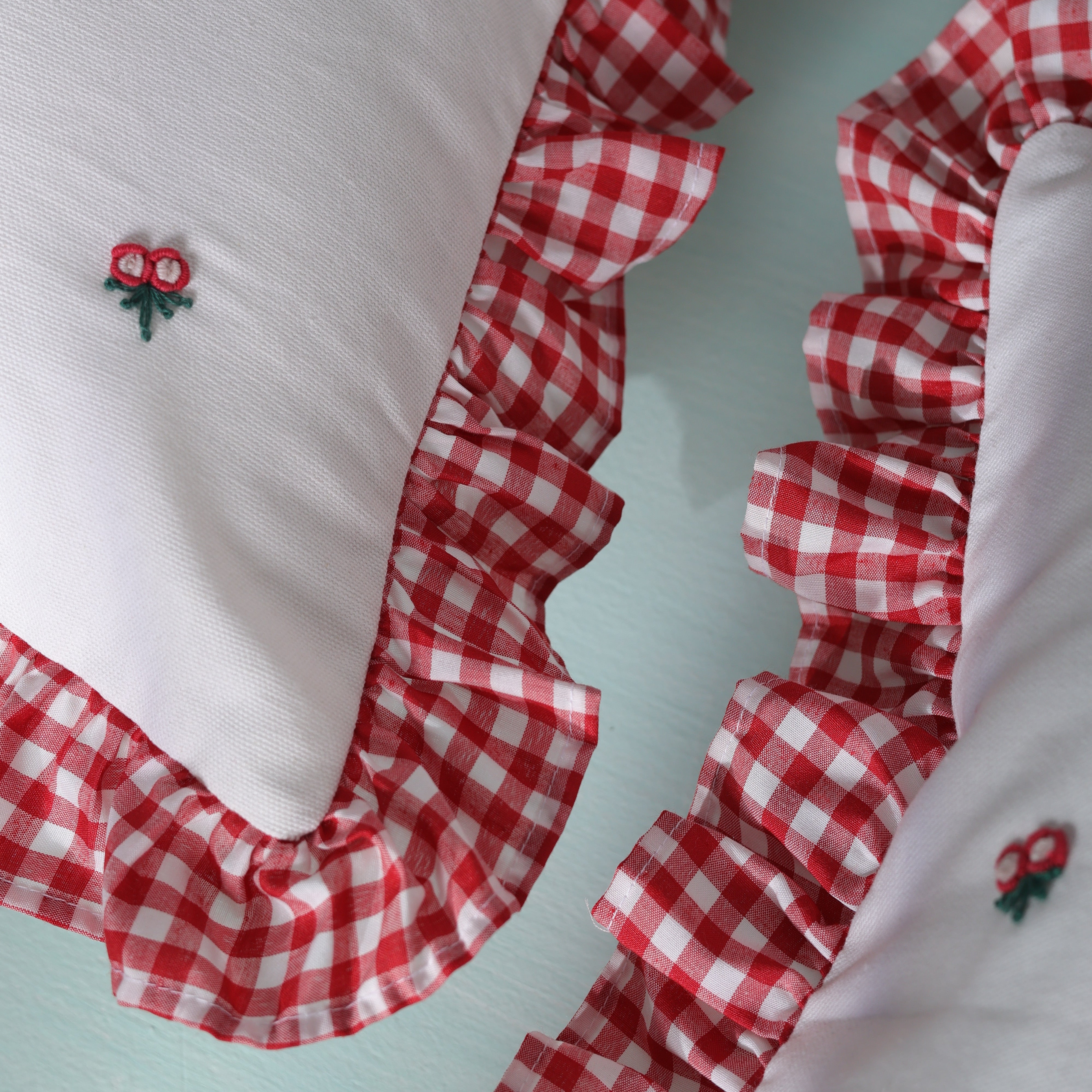 Gingham Ruffle Hand Embroidered Cushion Cover