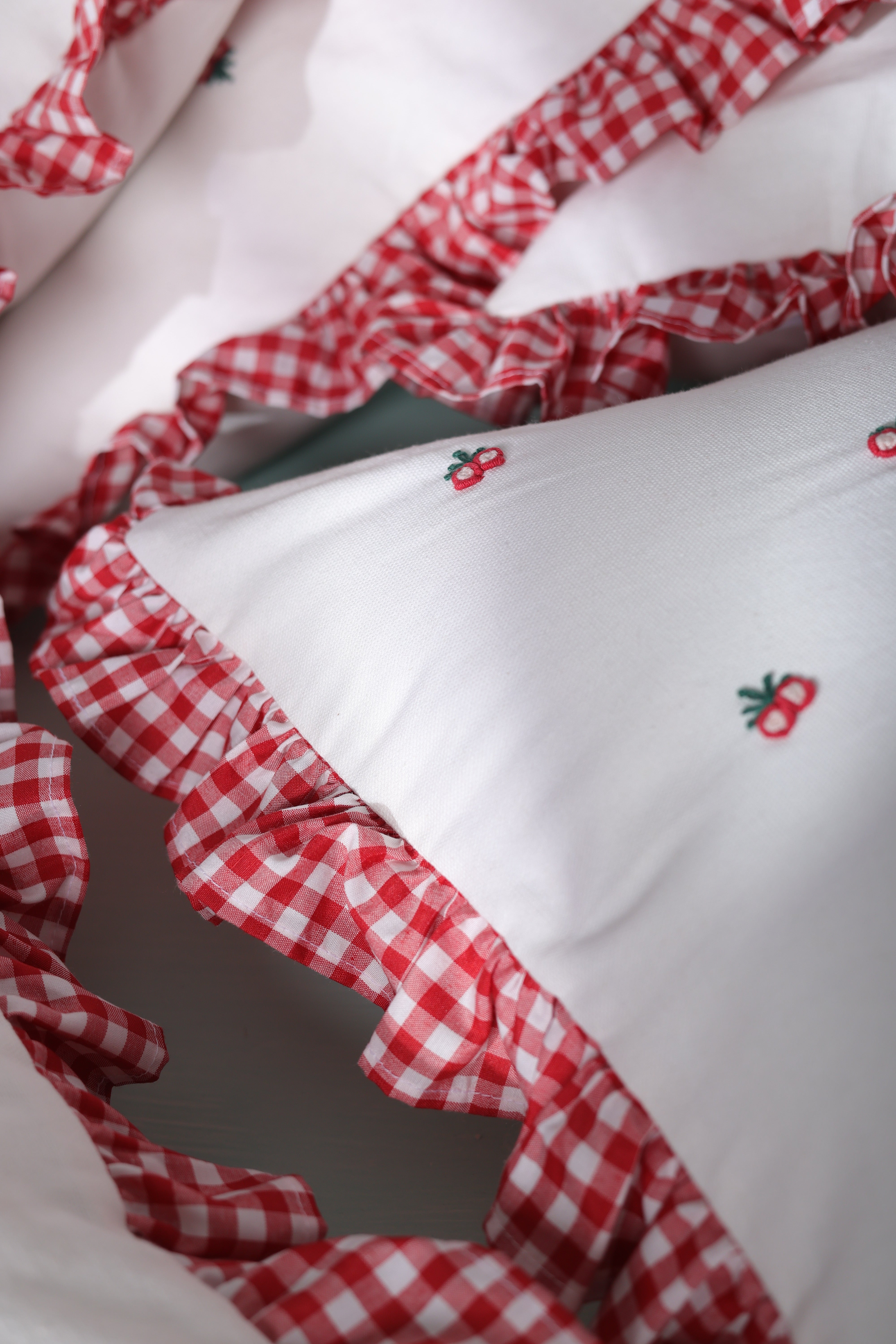 Gingham Ruffle Hand Embroidered Cushion Cover