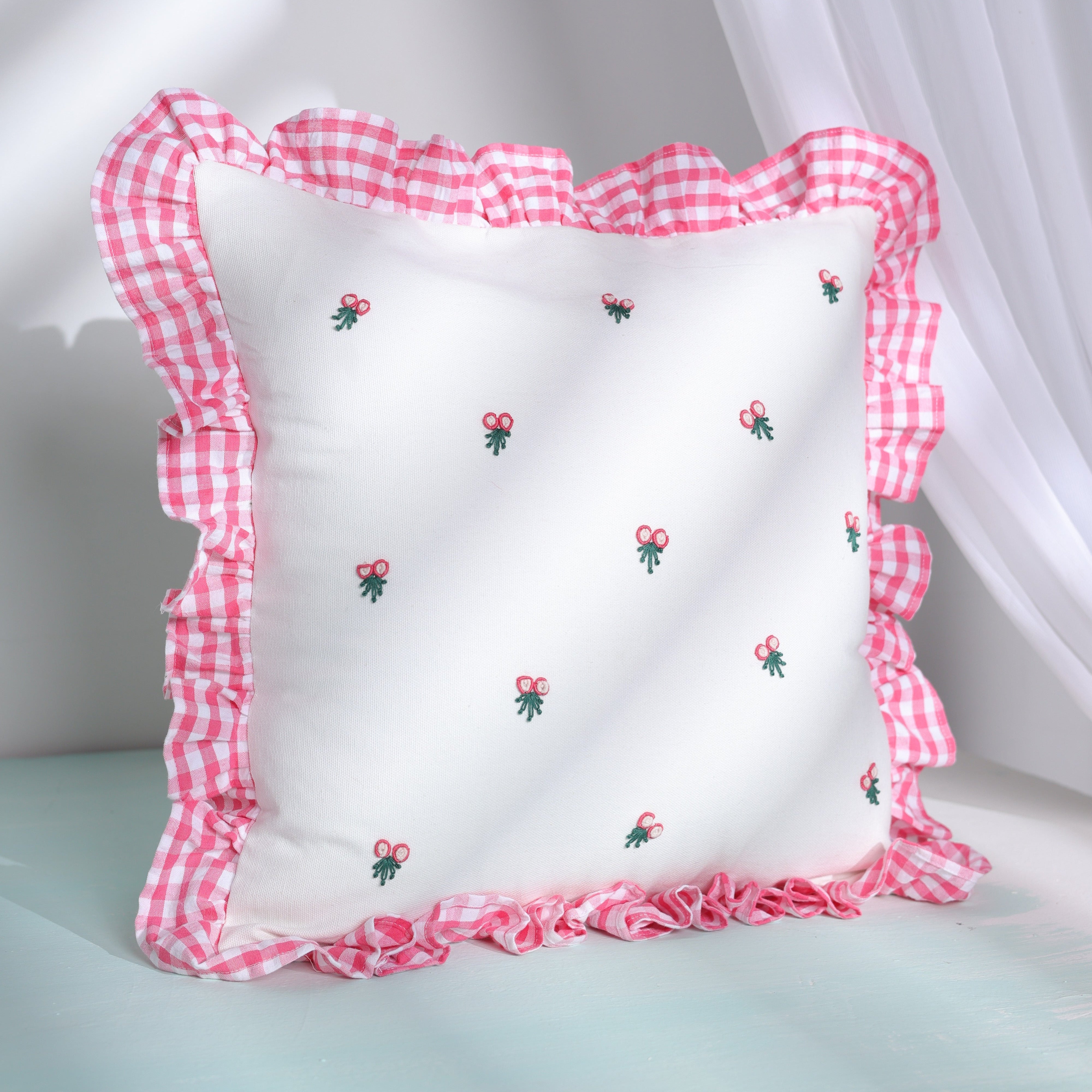 Gingham Ruffle Hand Embroidered Cushion Cover