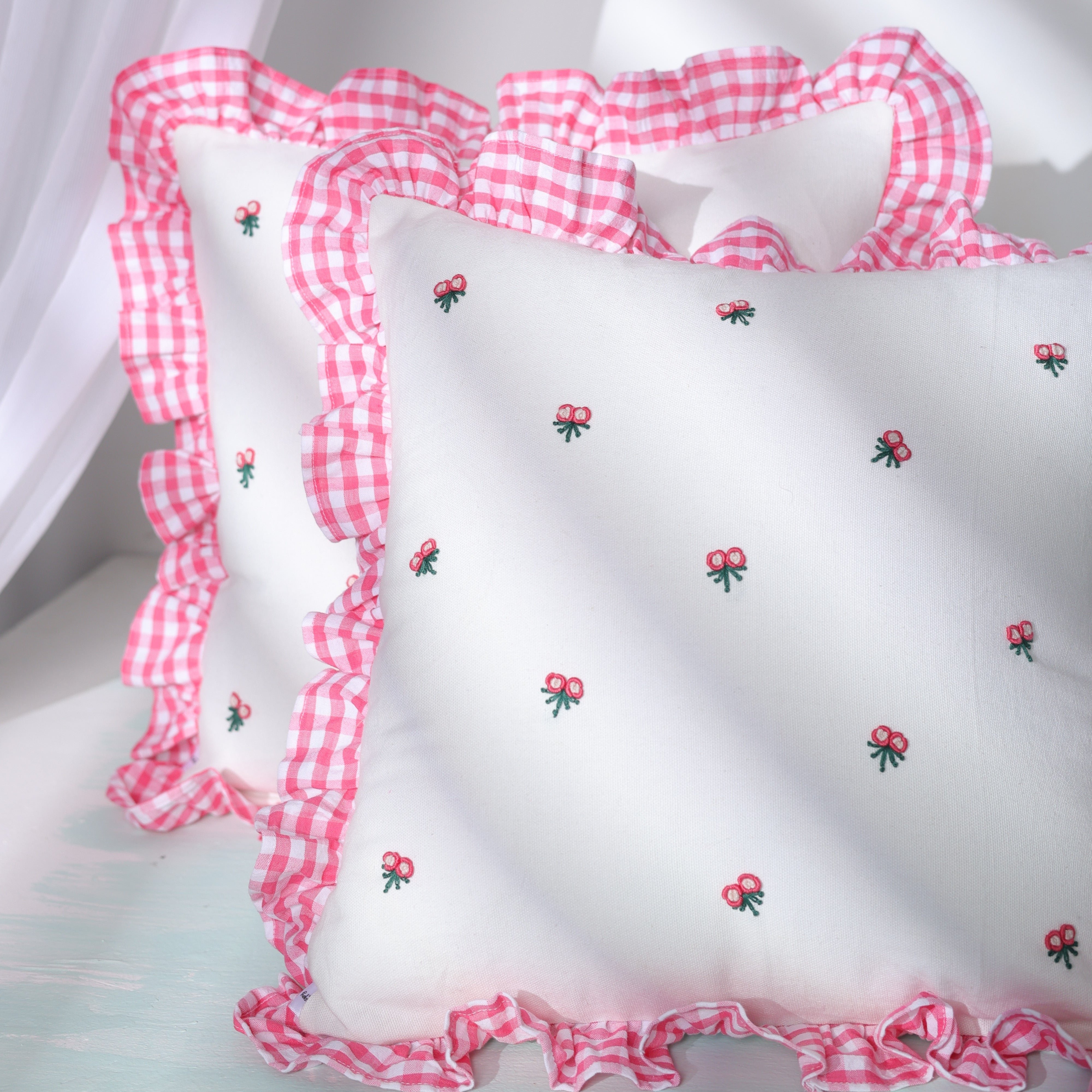 Gingham Ruffle Hand Embroidered Cushion Cover