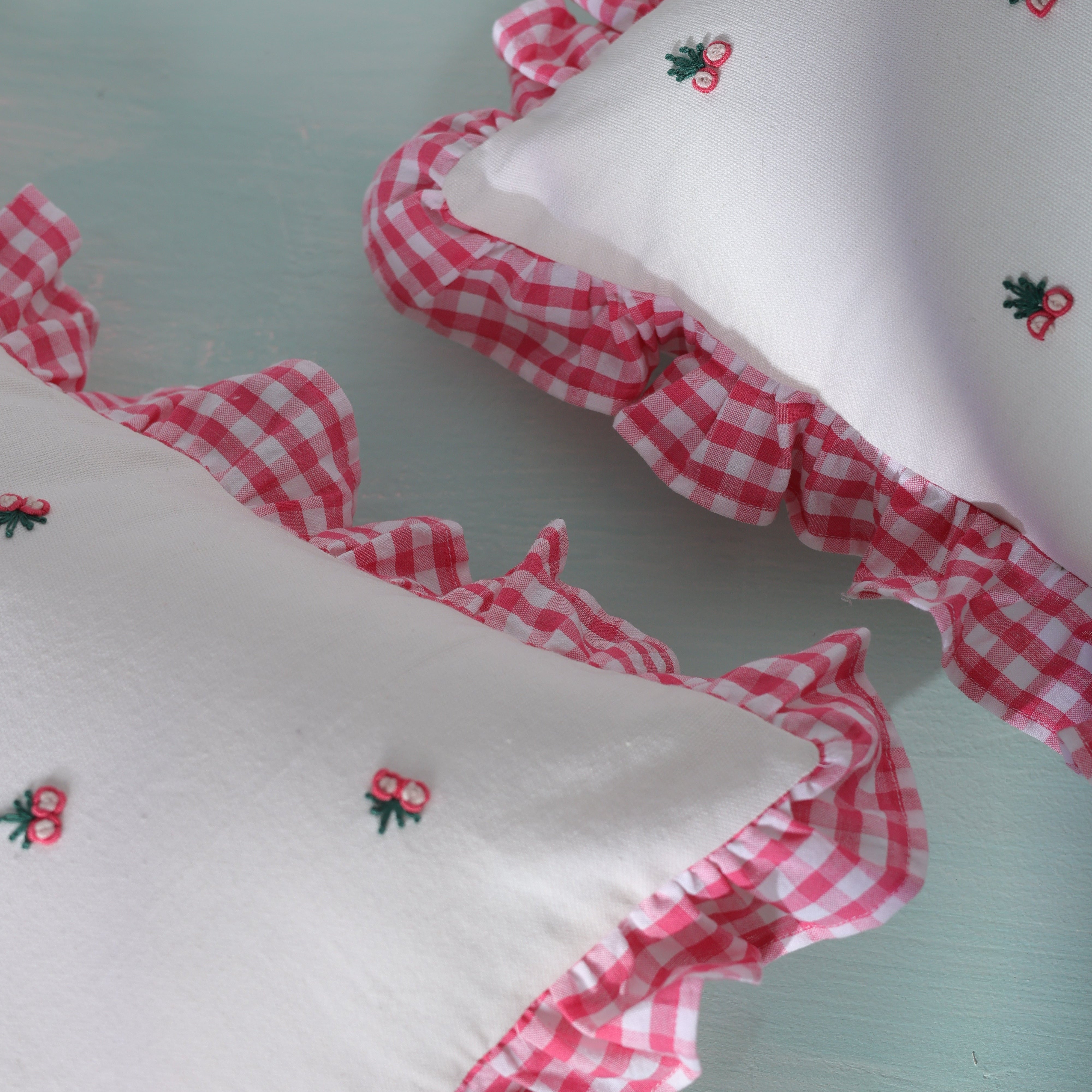 Gingham Ruffle Hand Embroidered Cushion Cover