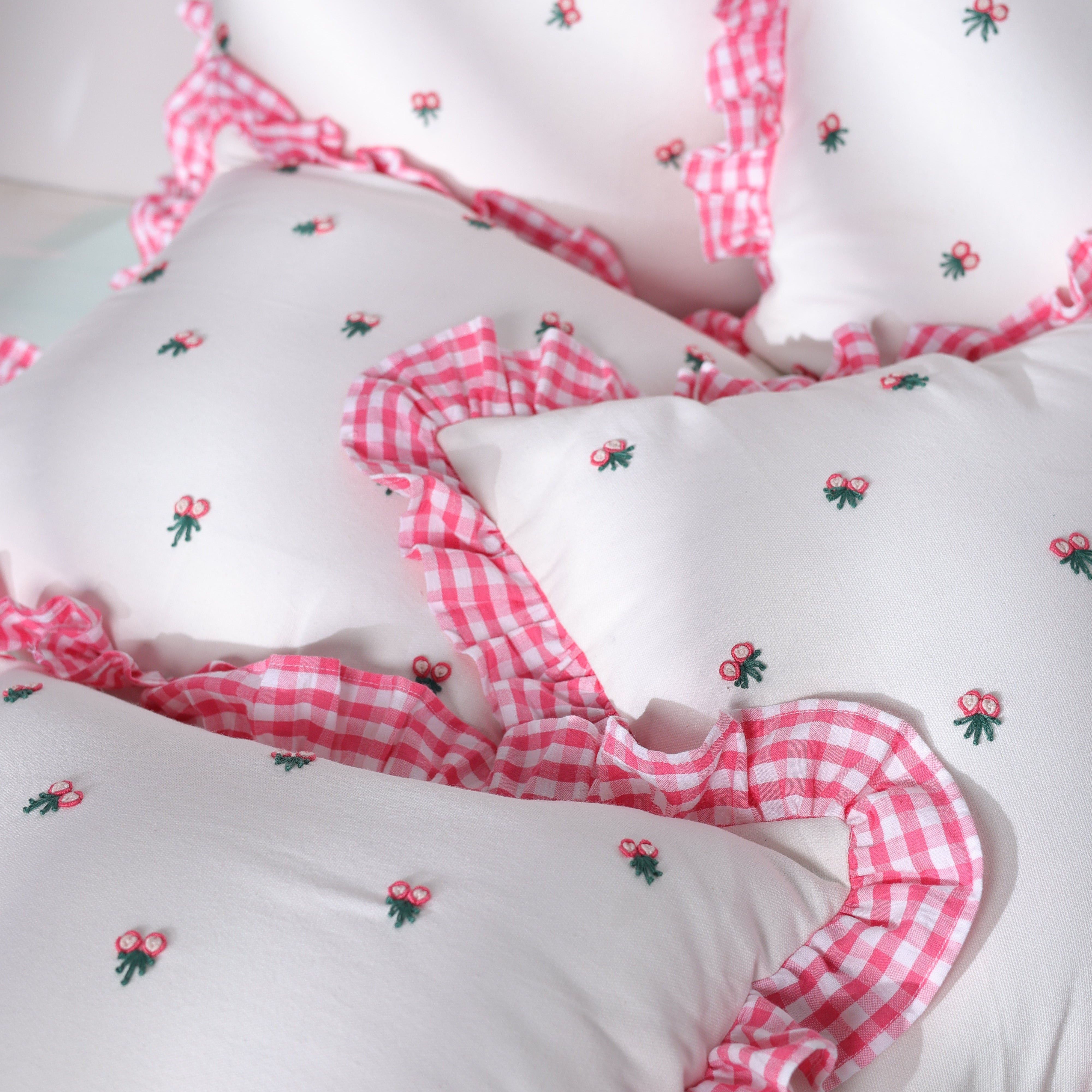 Gingham Ruffle Hand Embroidered Cushion Cover