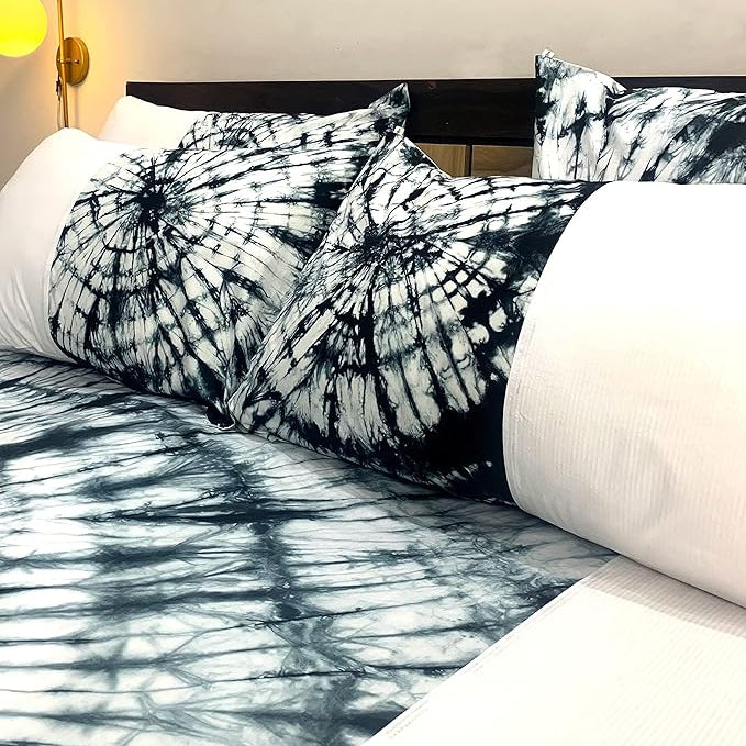 Sleepy Threads Cotton Bedsheet for Double Bed | Breathable Wrinkel Free, 200 TC Black and White Bedsheet alongwith 2 Soft Pillow Covers with Tie and Dye Pattern for Comfort Sleep