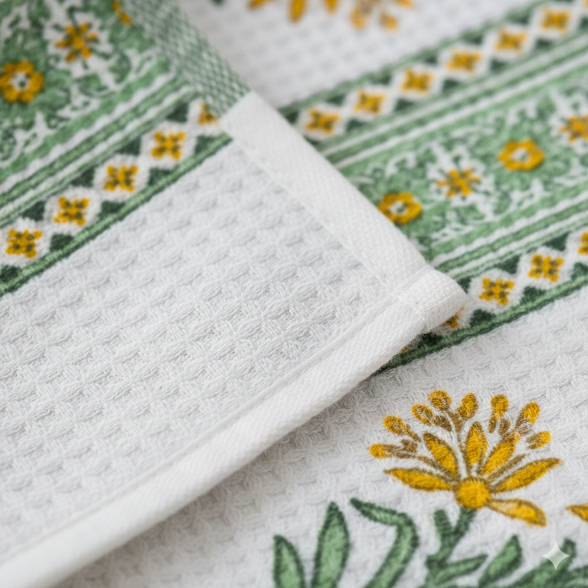 Waffle Weave Cotton Bath Towel Hand Block Printed Yellow Marigold & Green Floral | Super Absorbent, Soft & Quick Dry Bath