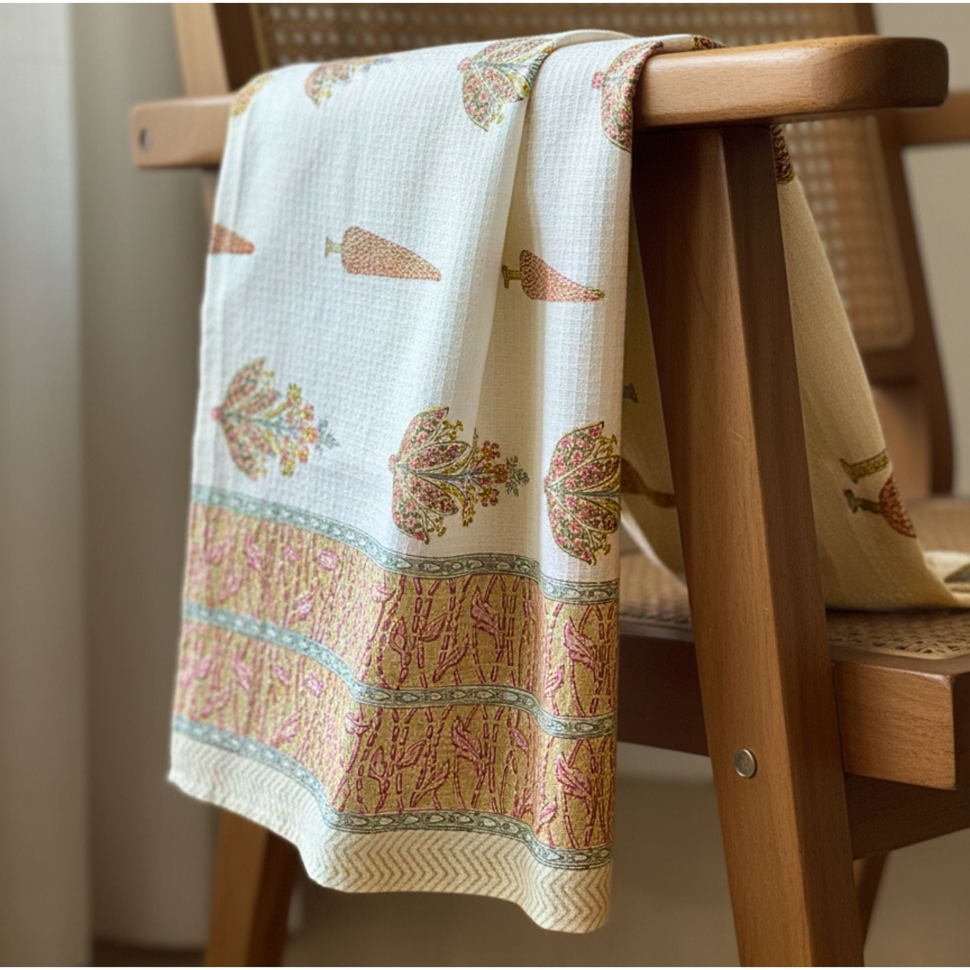 Waffle Weave Cotton Bath Towel, Hand Block Printed Floral Design Inches, White