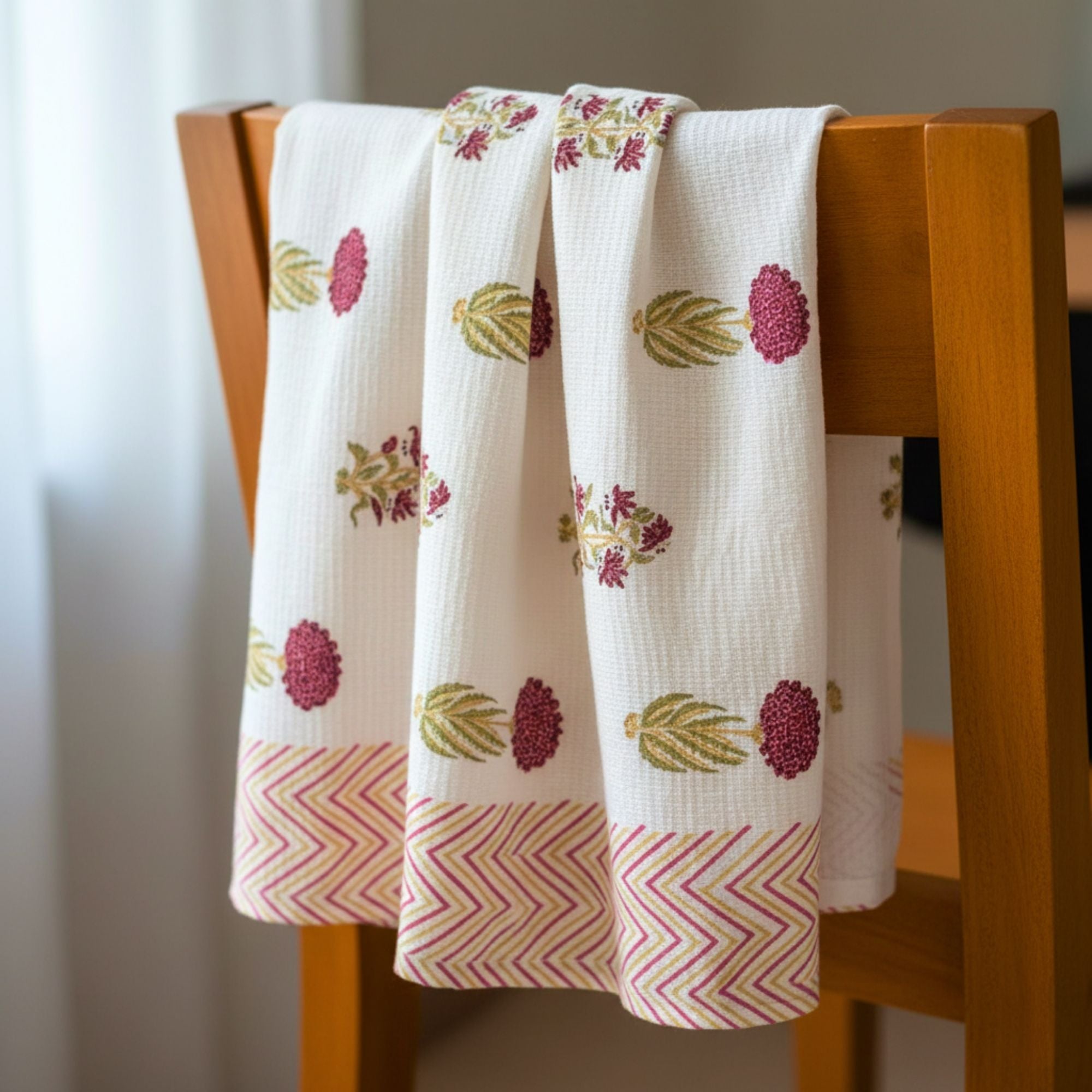 Waffle Weave Cotton Bath Towel | Hand Block Printed Pink & Gold Chevron Motif | Super Absorbent, Soft & Quick Dry Towel