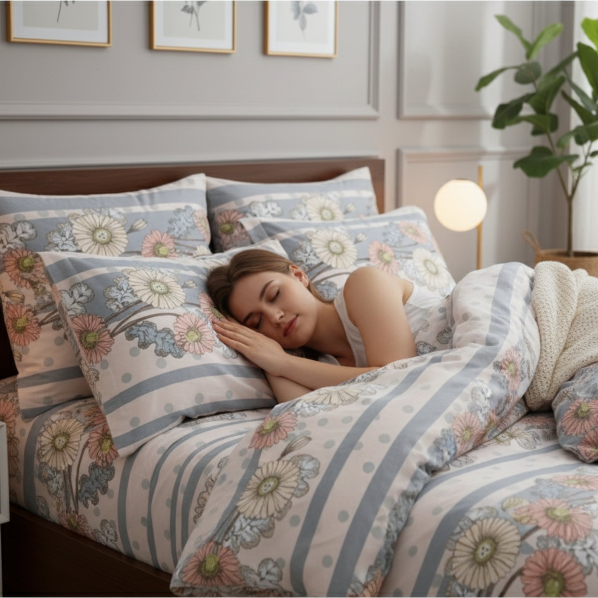 Bedsheet for Double Bed Dusty Blue & Pink with Elegant Floral Print.