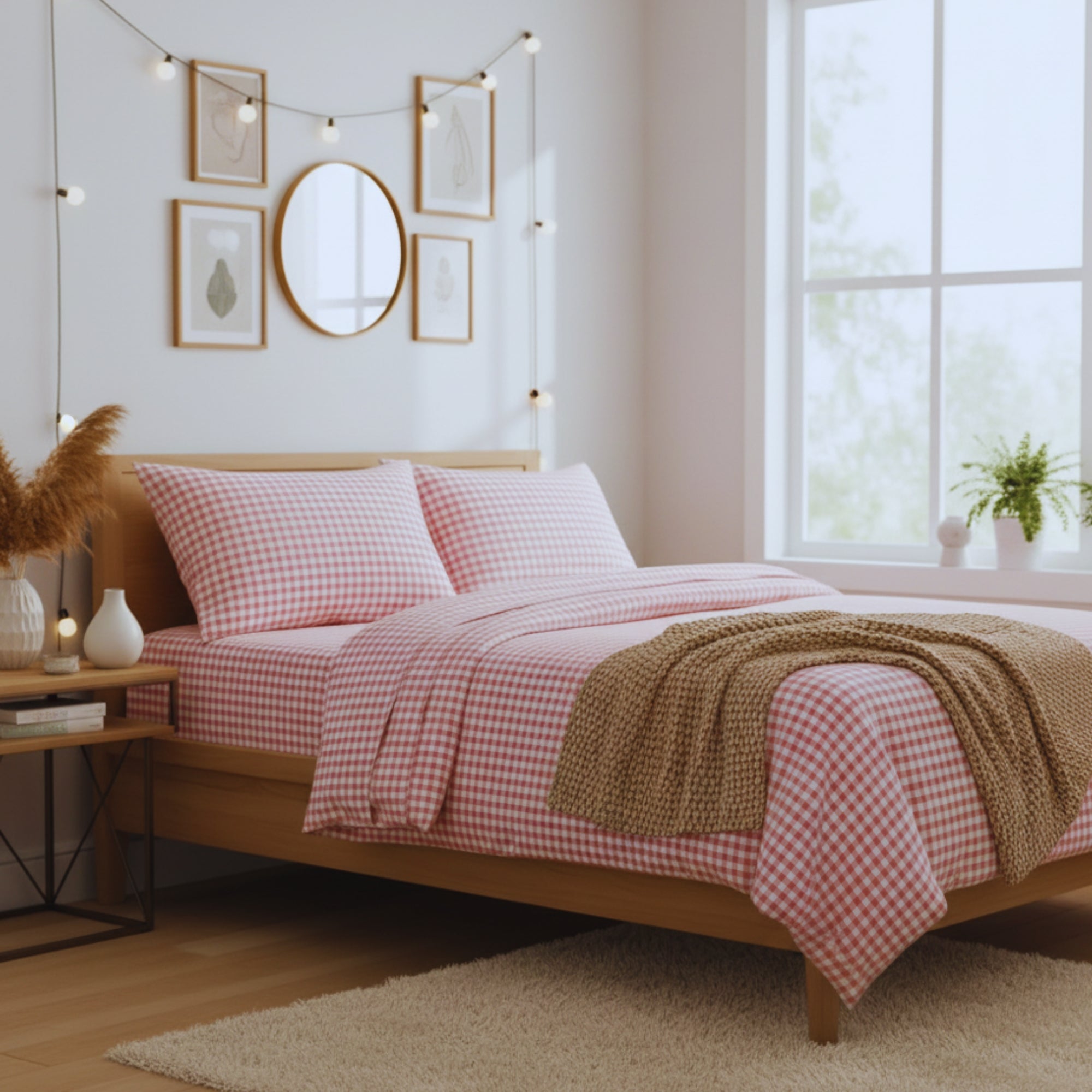 Bedsheet for Double Bed, Pink & White Gingham Checkered