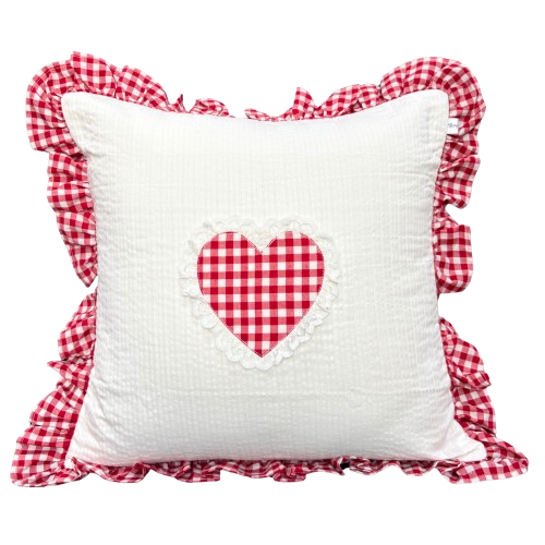 Red Gingham Heart Ruffle Cushion