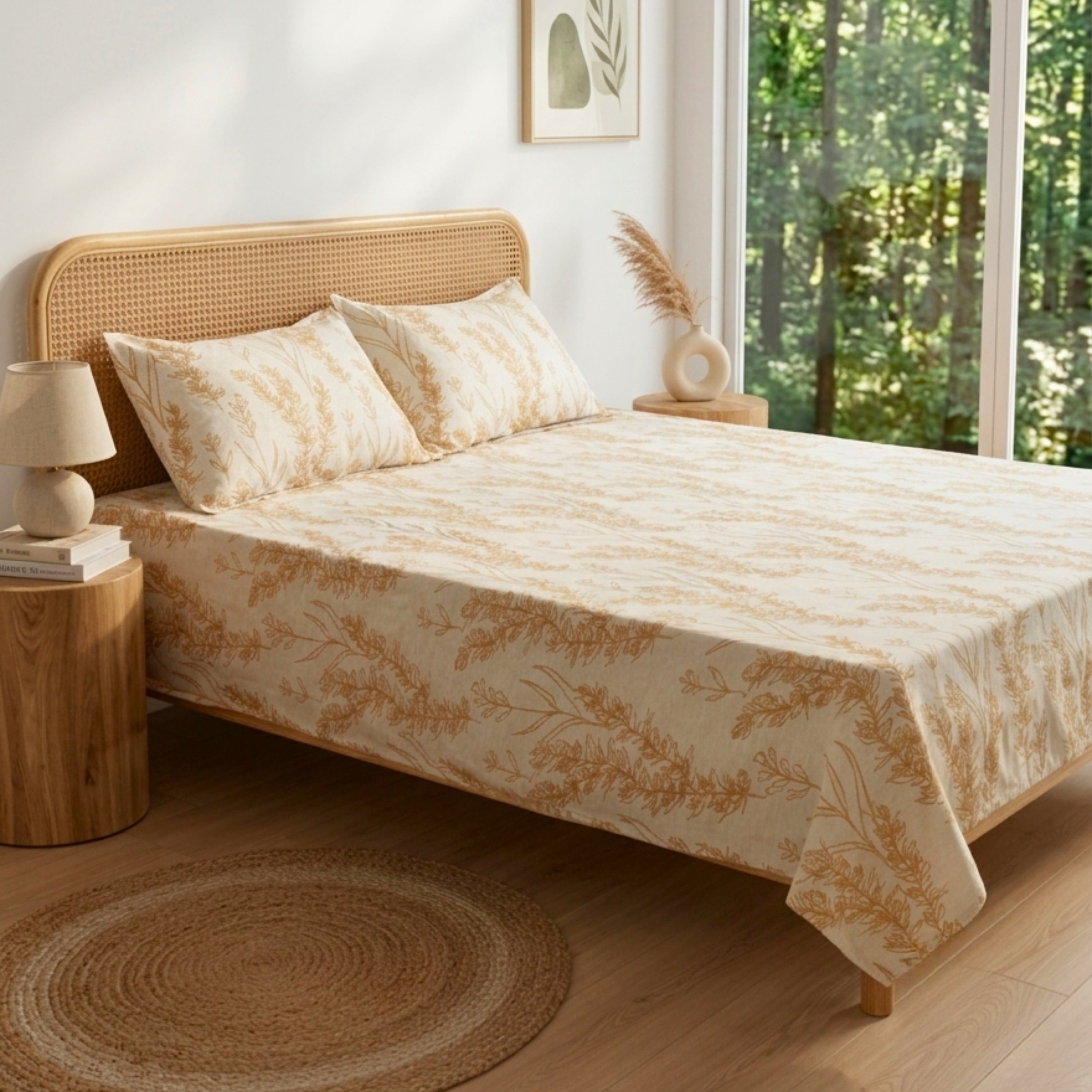 Bedsheet Light Beige Bedsheet with Golden Brown Leaf Print – Soft & Breathable Double BedSheet King Size King Size