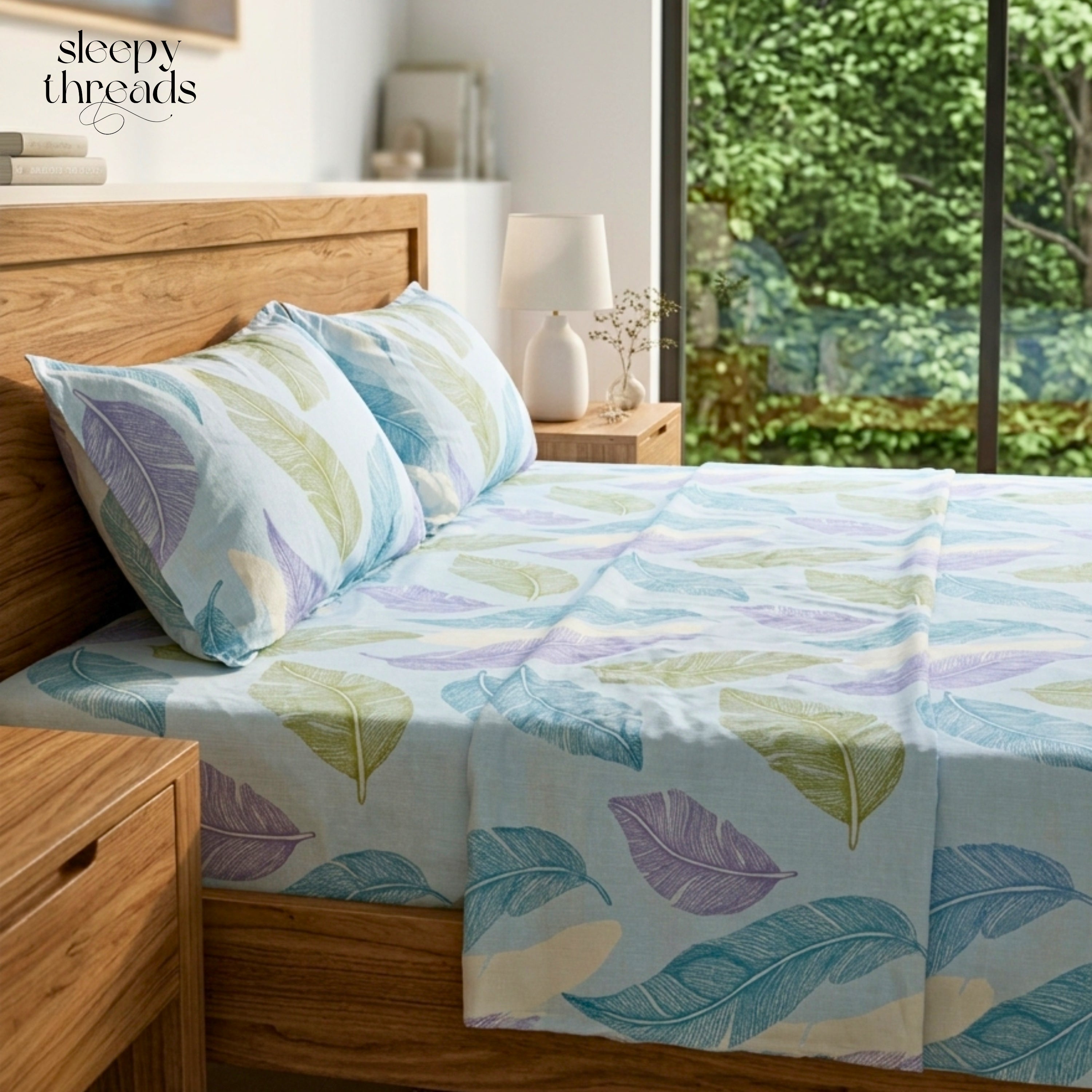 Bedsheet for Double Bed Blue, Green & Purple Leaf Print King Size.