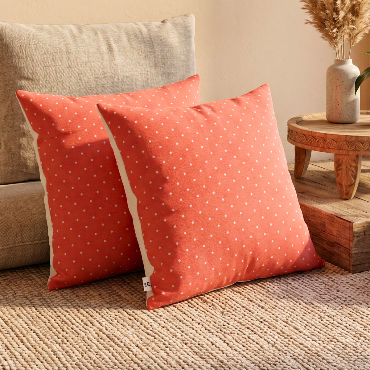 Coral Polka Dot Cotton Cushion
