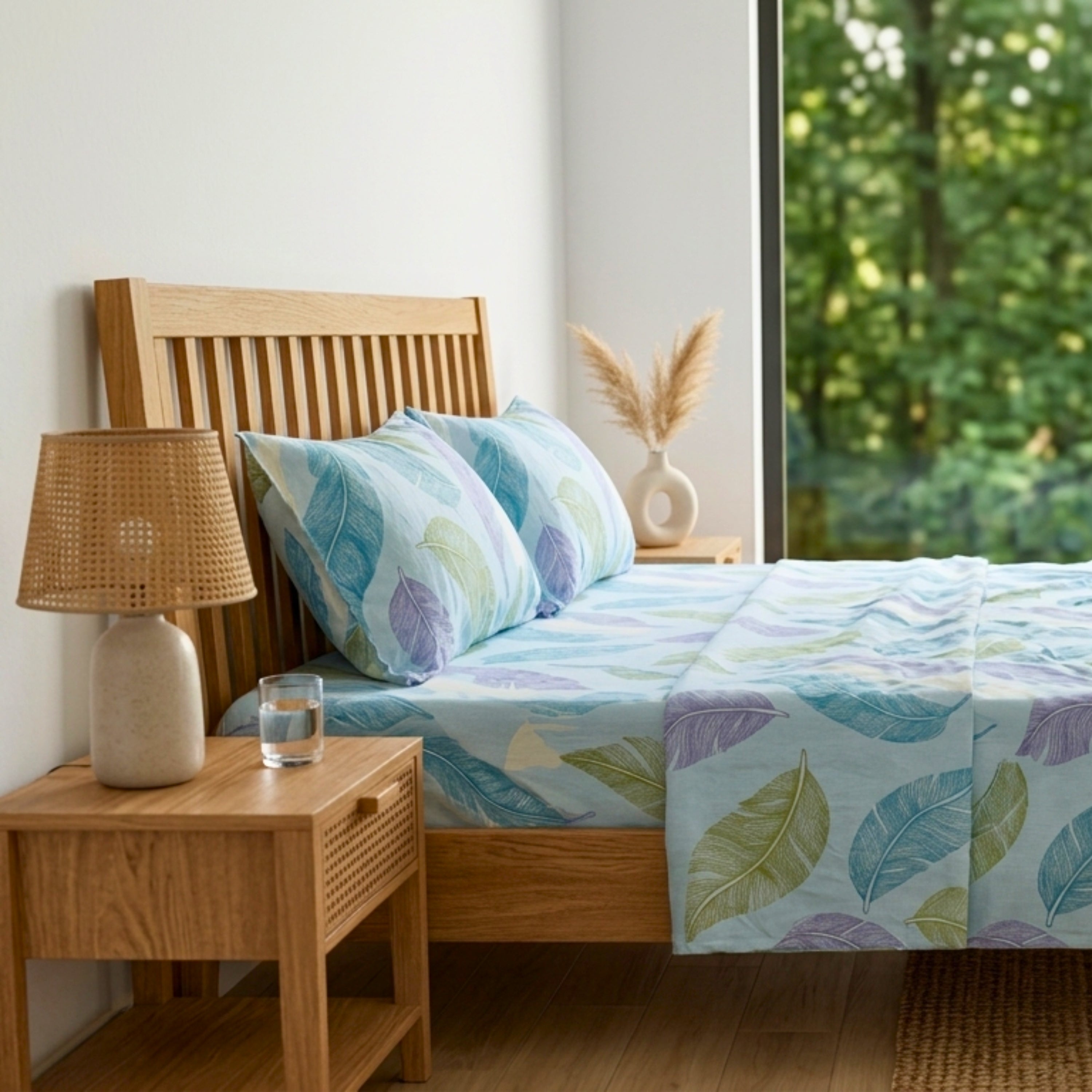 Bedsheet for Double Bed Blue, Green & Purple Leaf Print King Size.