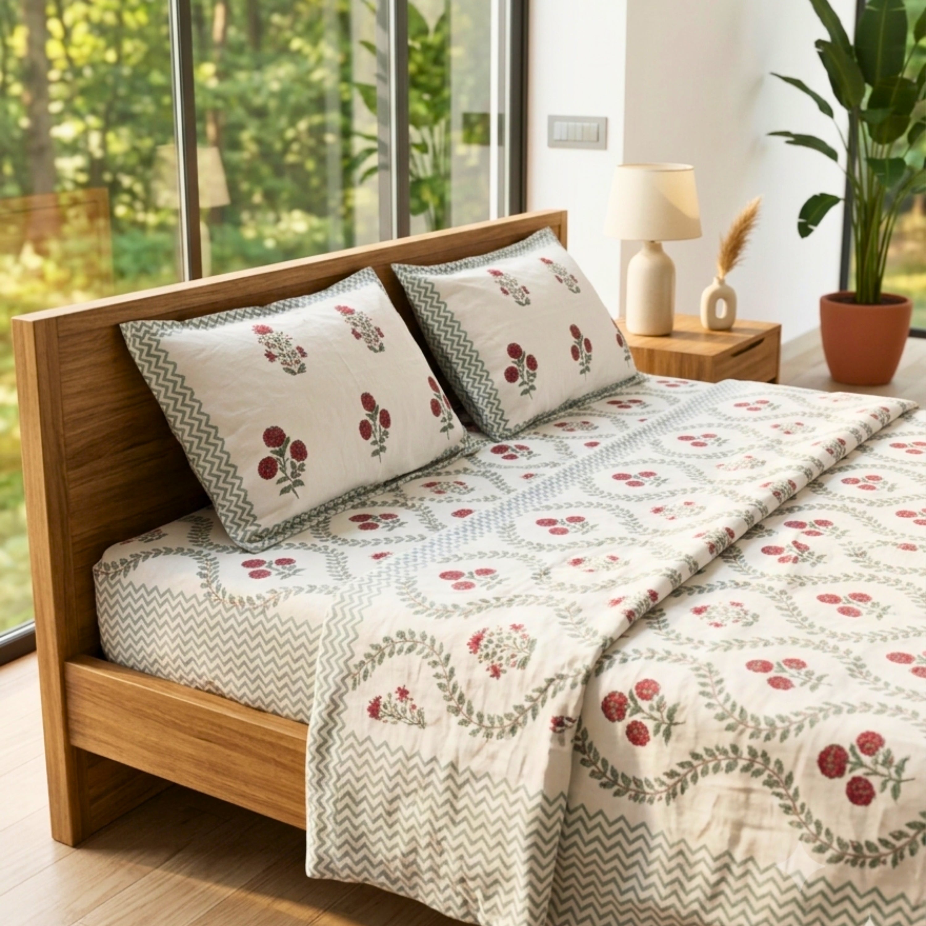 Elegant Floral Cotton Bedsheet Set with Red Blossom Print for Modern Bedroom King Size