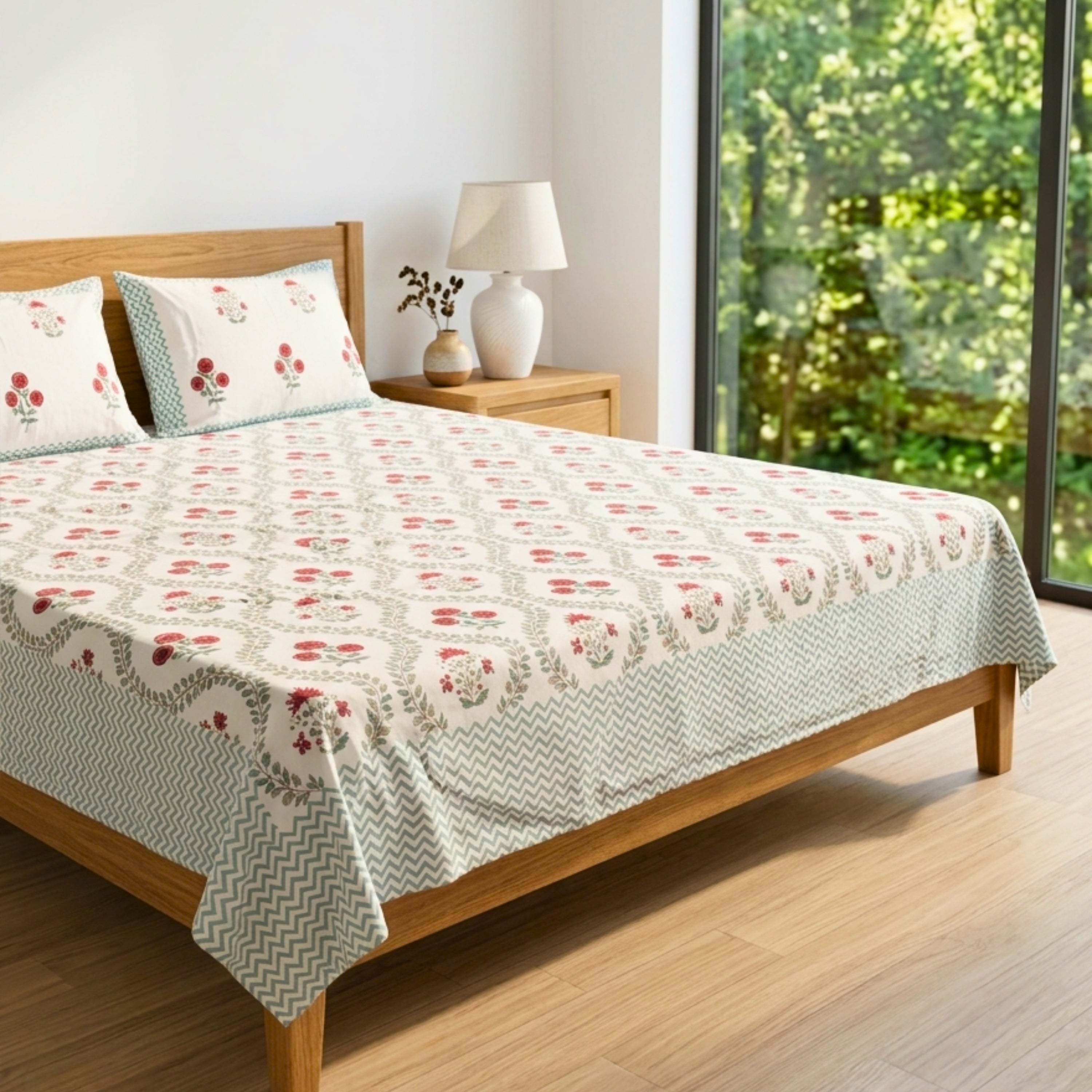 Elegant Floral Cotton Bedsheet Set with Red Blossom Print for Modern Bedroom King Size