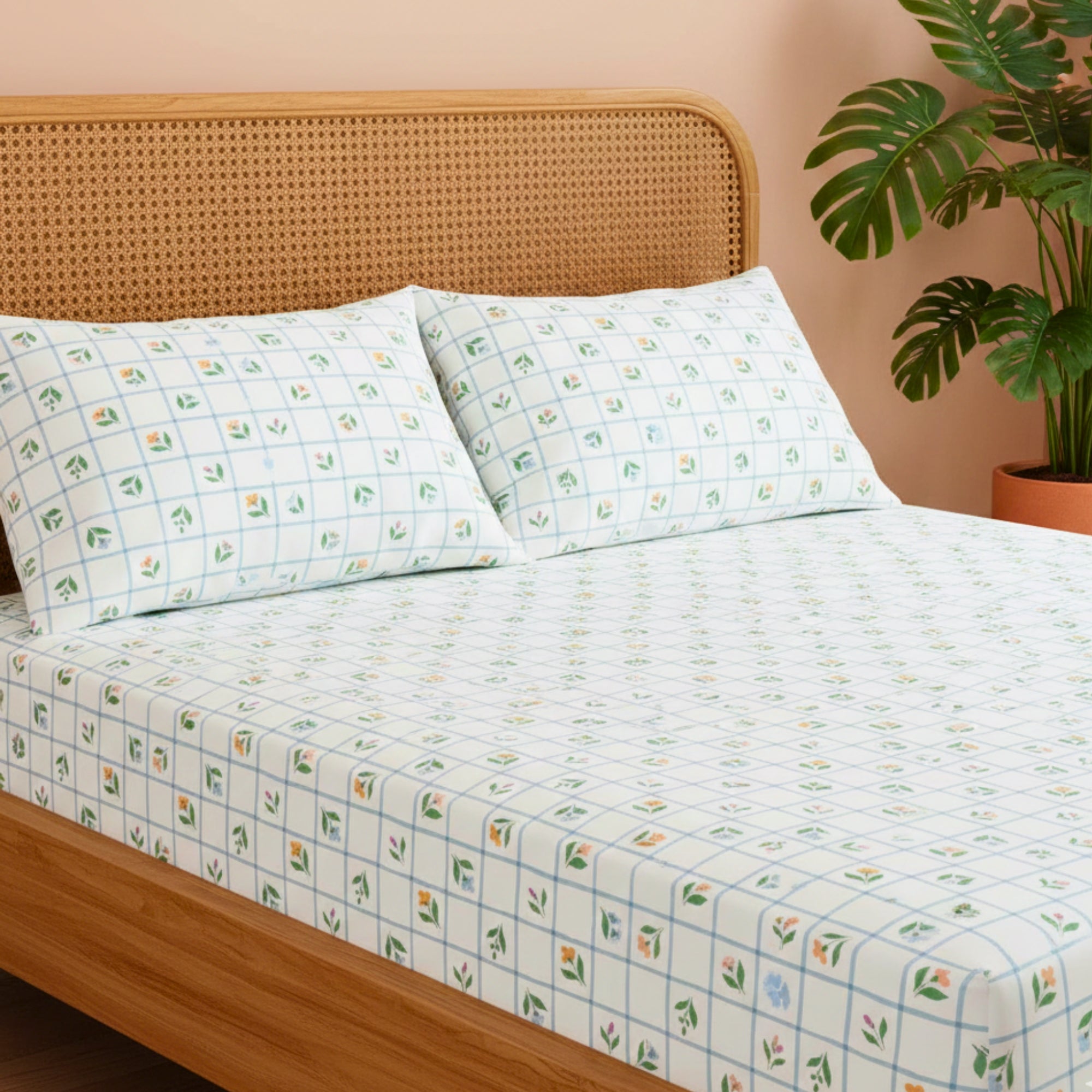 Sage Green & White Grid Pattern with Dainty Floral Screen Print – Soft, Breathable Flat Sheet