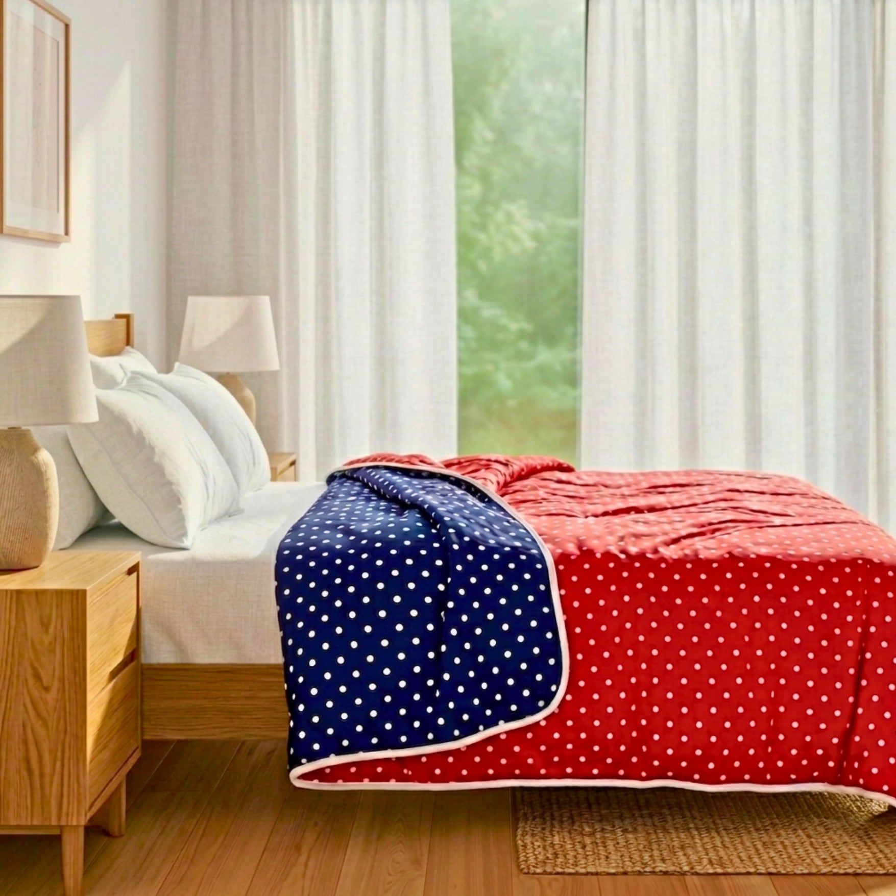 Premium Cotton Dohar for Double Bed | Reversible Polka Dot Design Red & Navy Blue