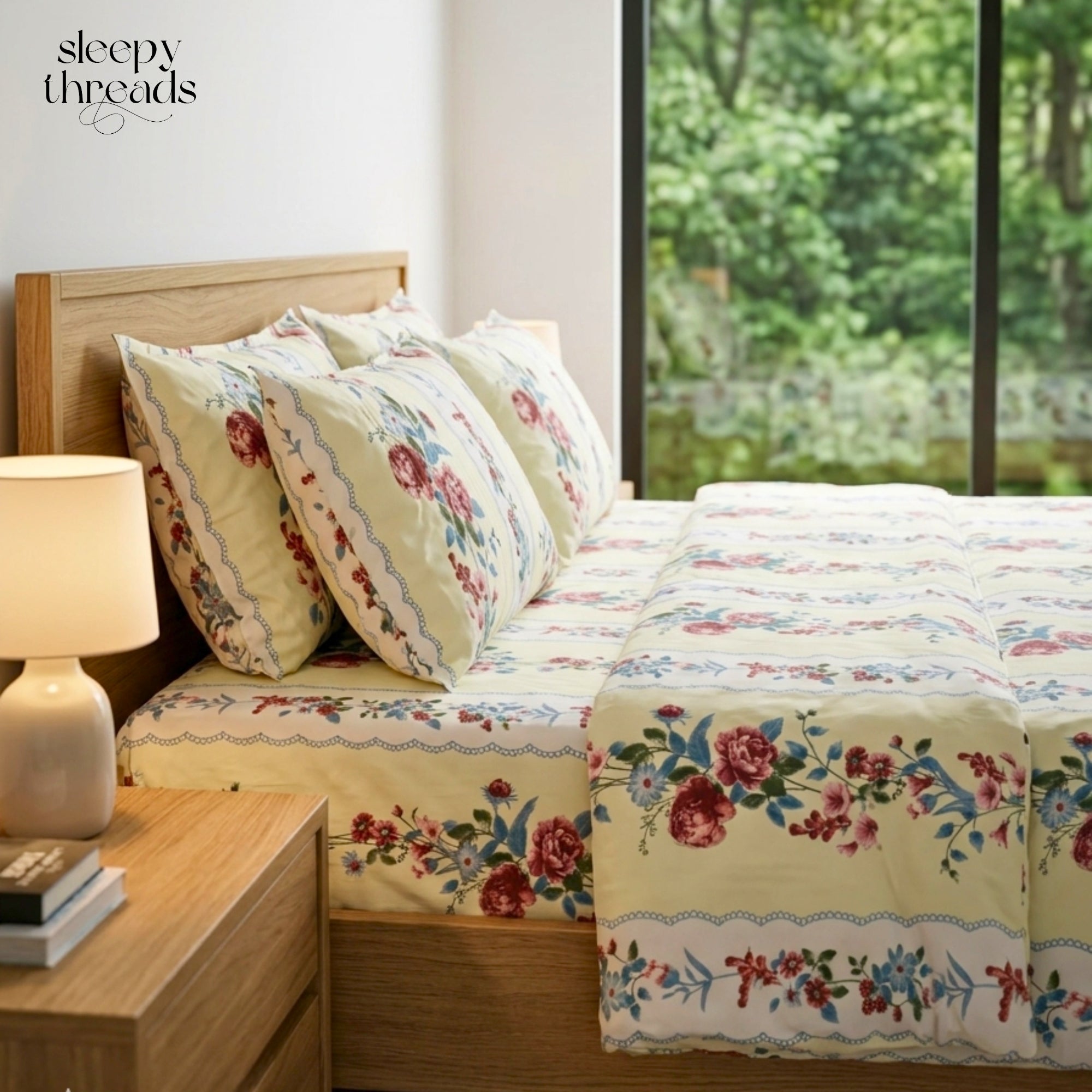 Bedsheet for Double Bed White with Multicolor Floral Stripes Queen Size.
