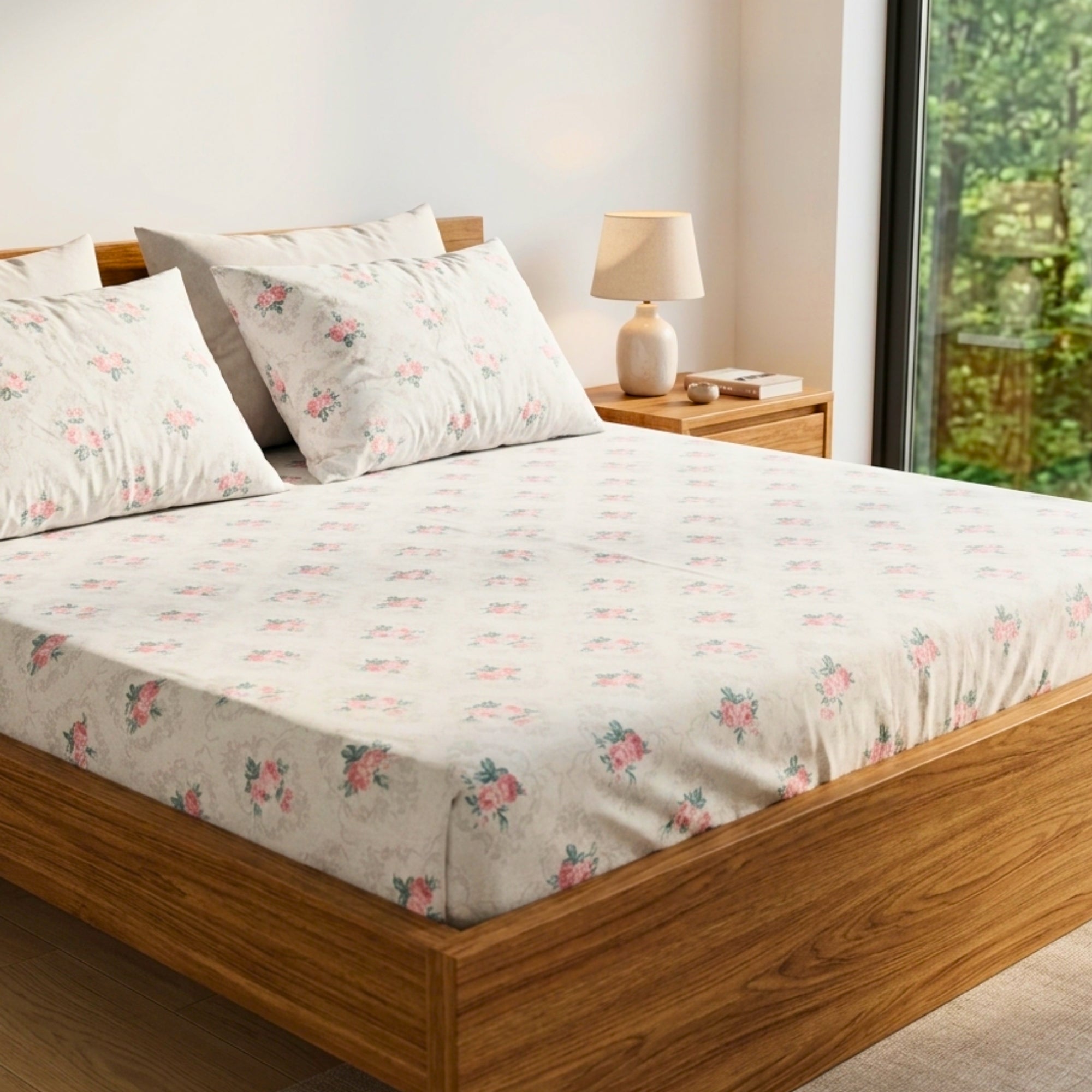 Bedsheet for Double Bed Grey Floral Print Poly Cotton Queen Size Flat Sheet.