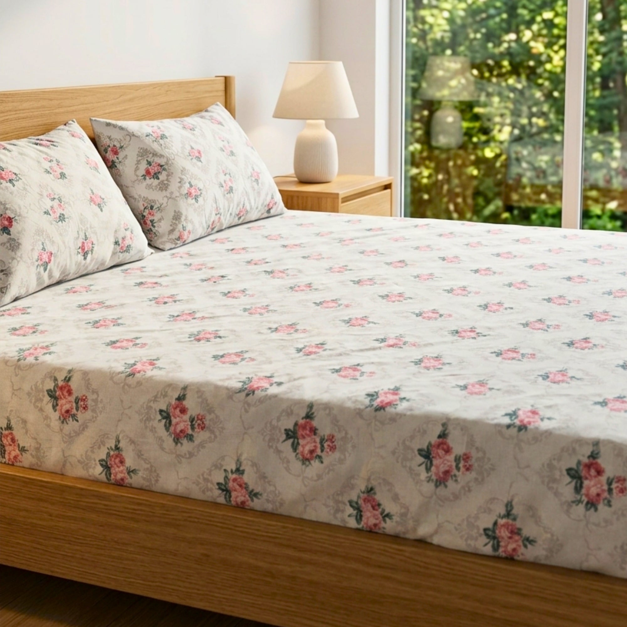Bedsheet for Double Bed Grey Floral Print Poly Cotton Queen Size Flat Sheet.