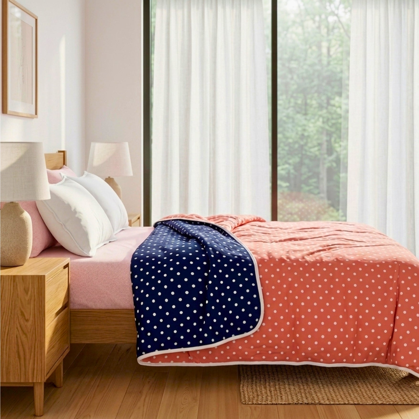 Sleepy Threads Reversible Polka Dot Dohar – Premium Soft Cotton Lightweight AC Blanket for Double Bed | Coral Pink & Navy Blue