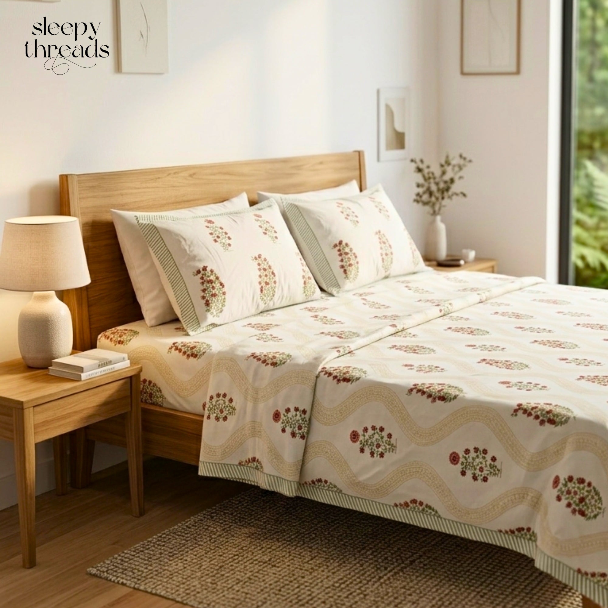 Elegant Floral Cotton Bedsheet Set with Matching Pillow Covers