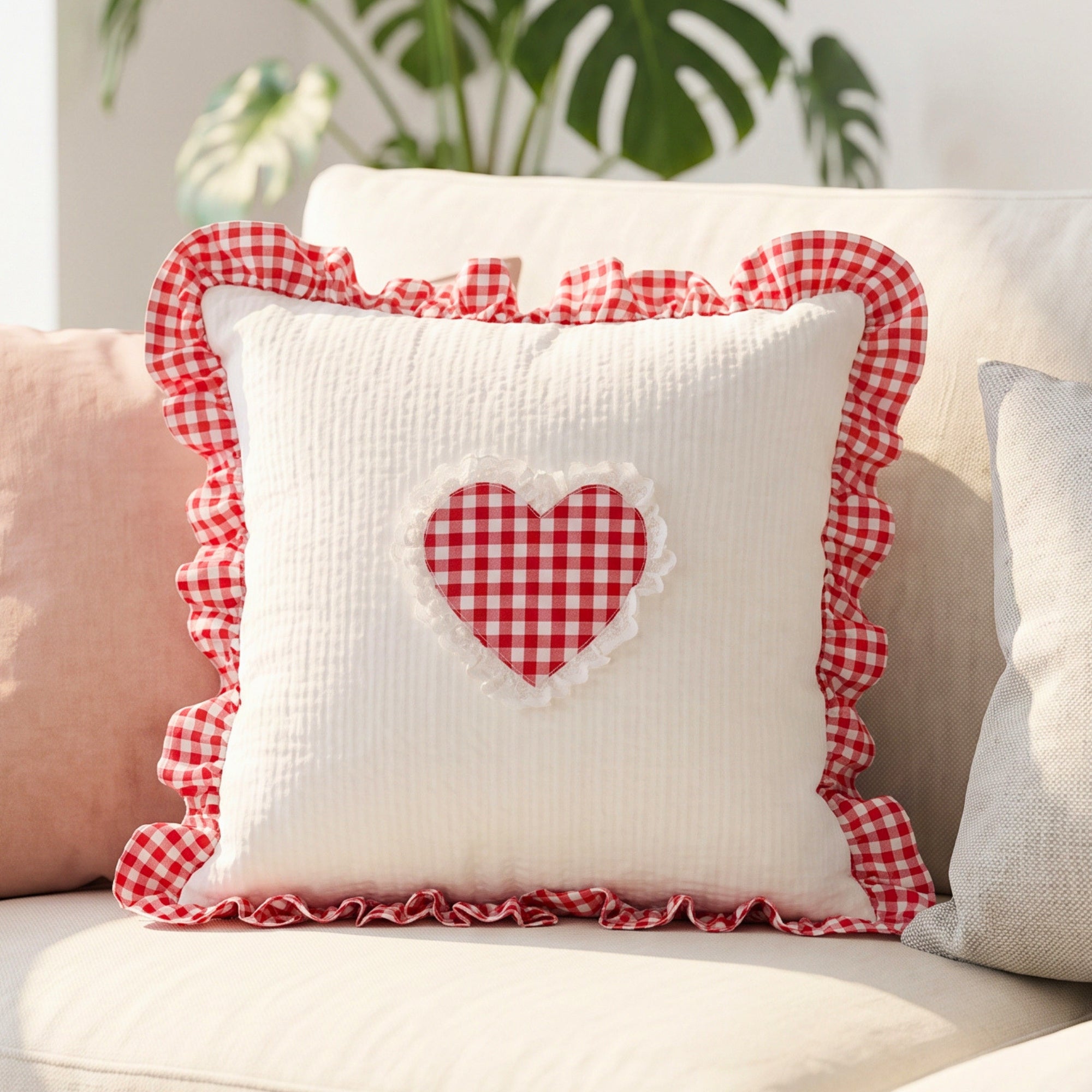 Red Gingham Heart Ruffle Cushion