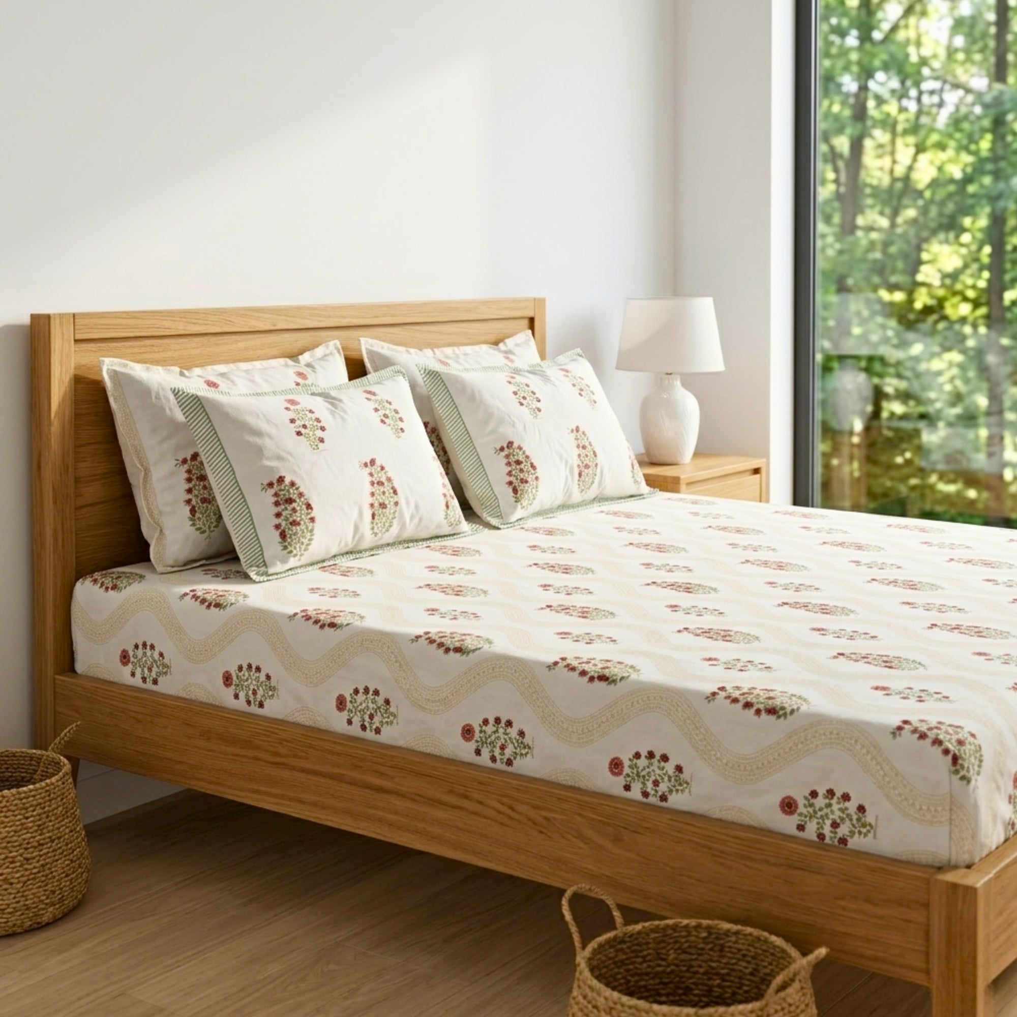 Elegant Floral Cotton Bedsheet Set with Matching Pillow Covers