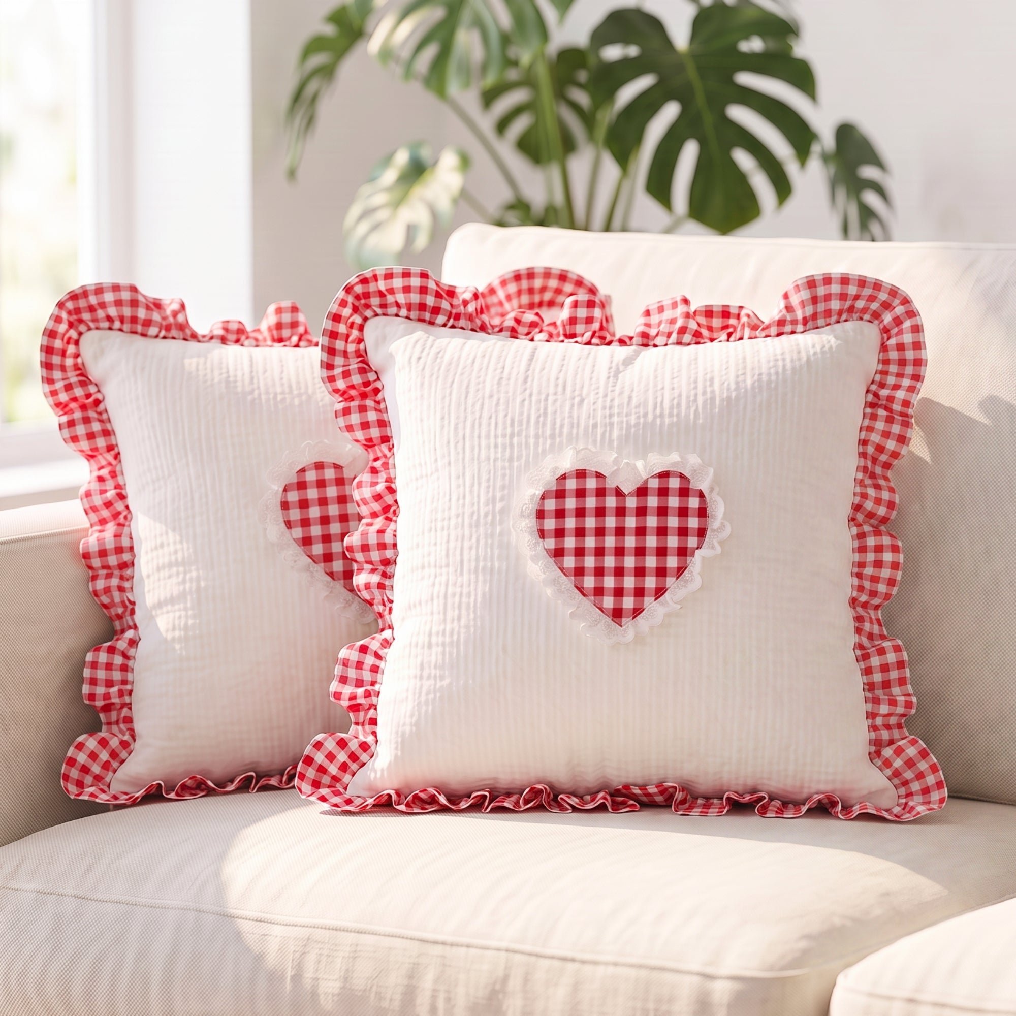 Red Gingham Heart Ruffle Cushion
