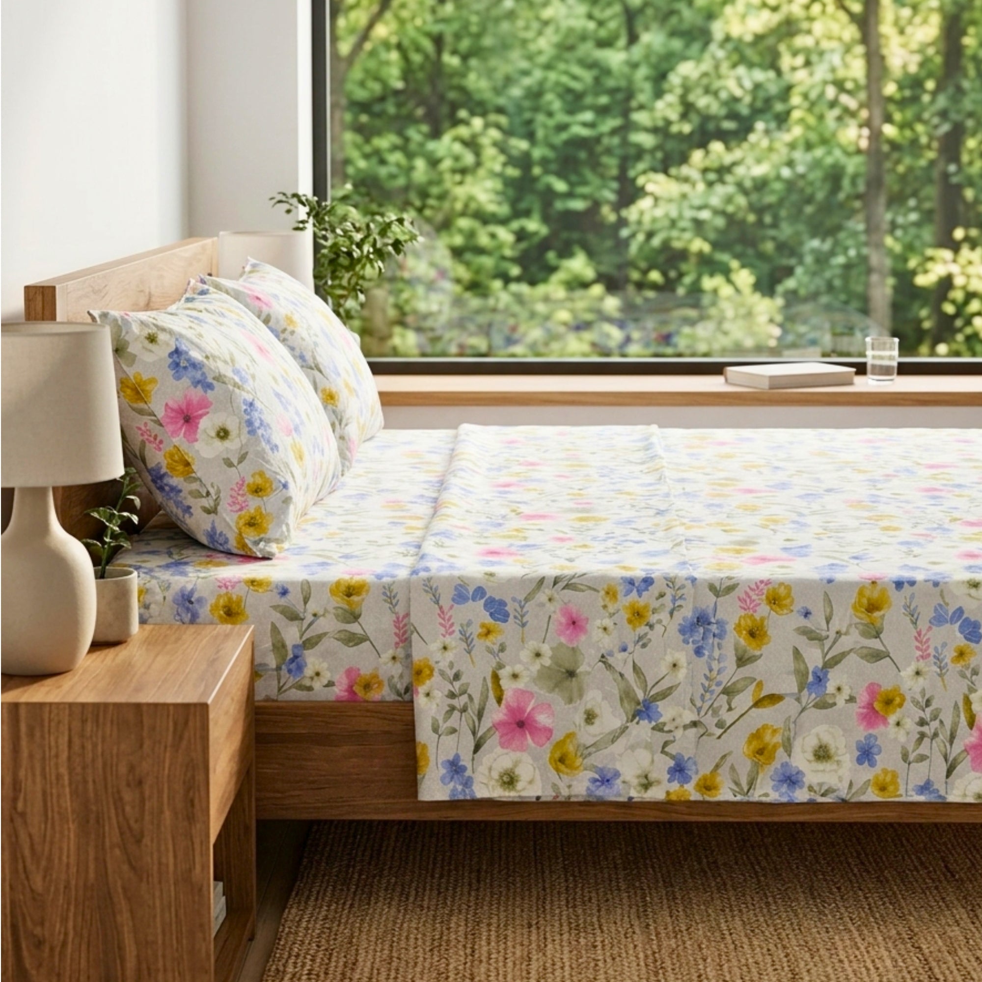 Double Bedsheet White Bedsheet with Yellow, Blue & Pink Floral Print King Size.