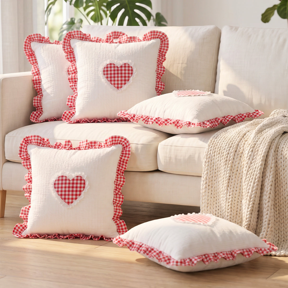 Red Gingham Heart Ruffle Cushion