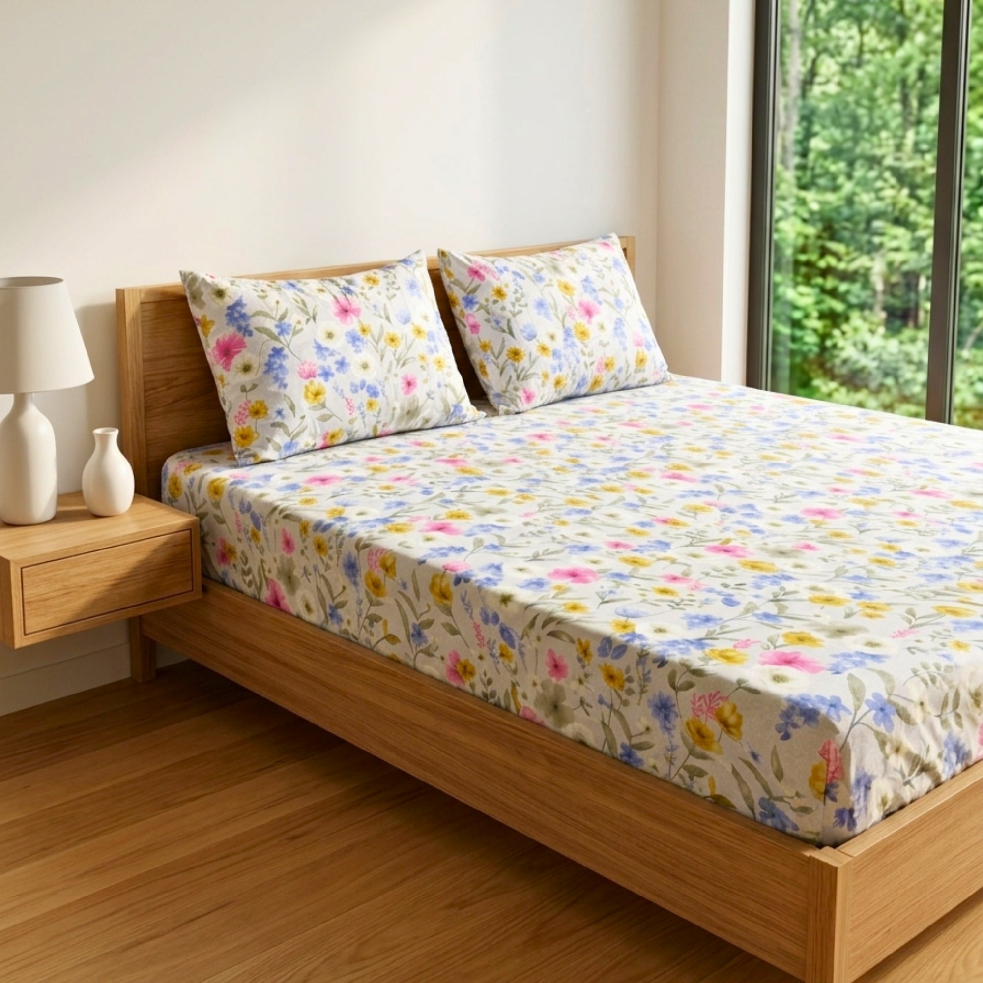 Double Bedsheet White Bedsheet with Yellow, Blue & Pink Floral Print King Size.