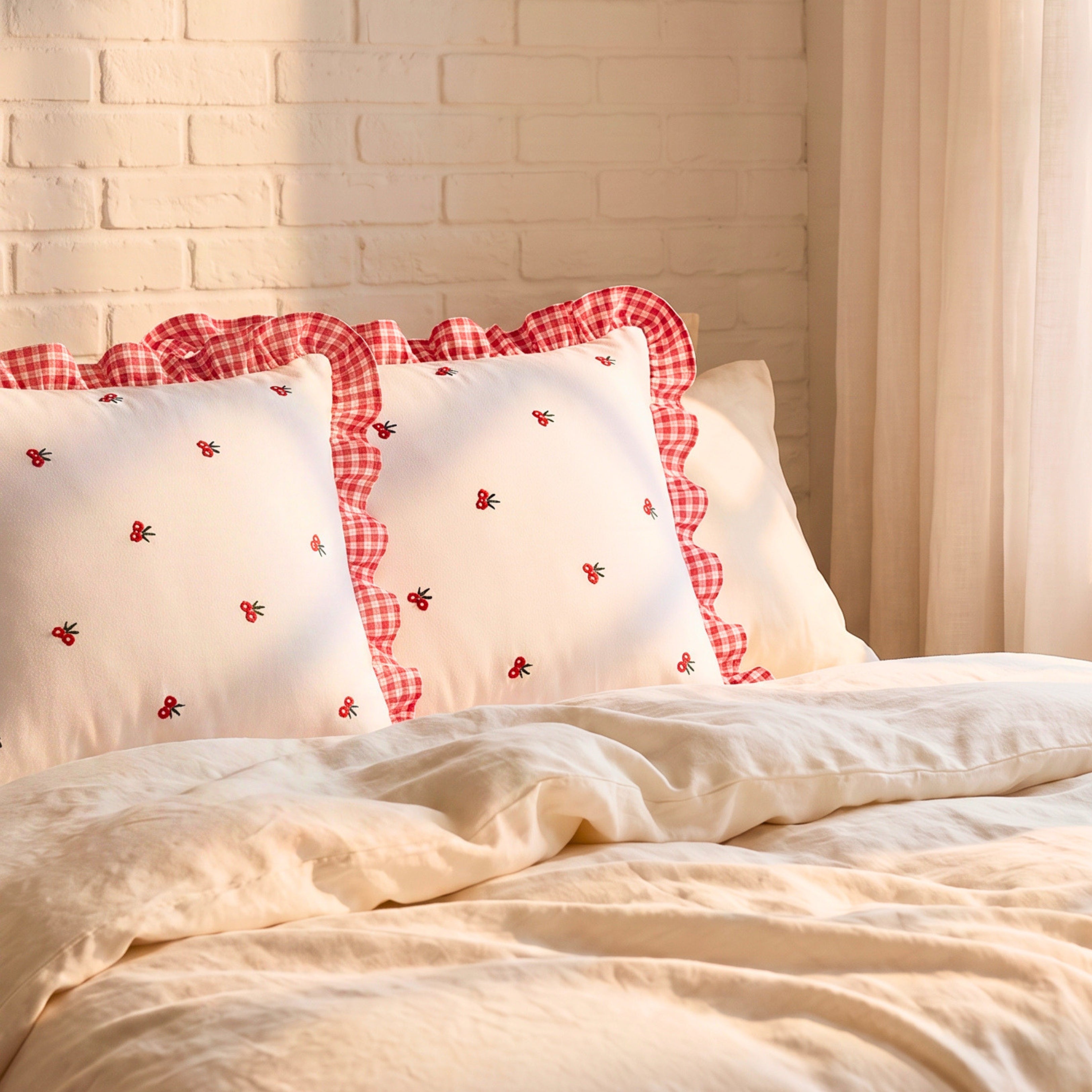 Gingham Ruffle Hand Embroidered Cushion Cover