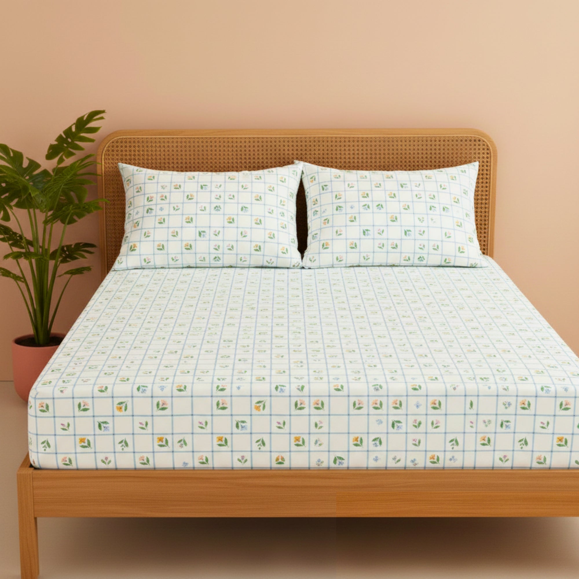 Sage Green & White Grid Pattern with Dainty Floral Screen Print – Soft, Breathable Flat Sheet