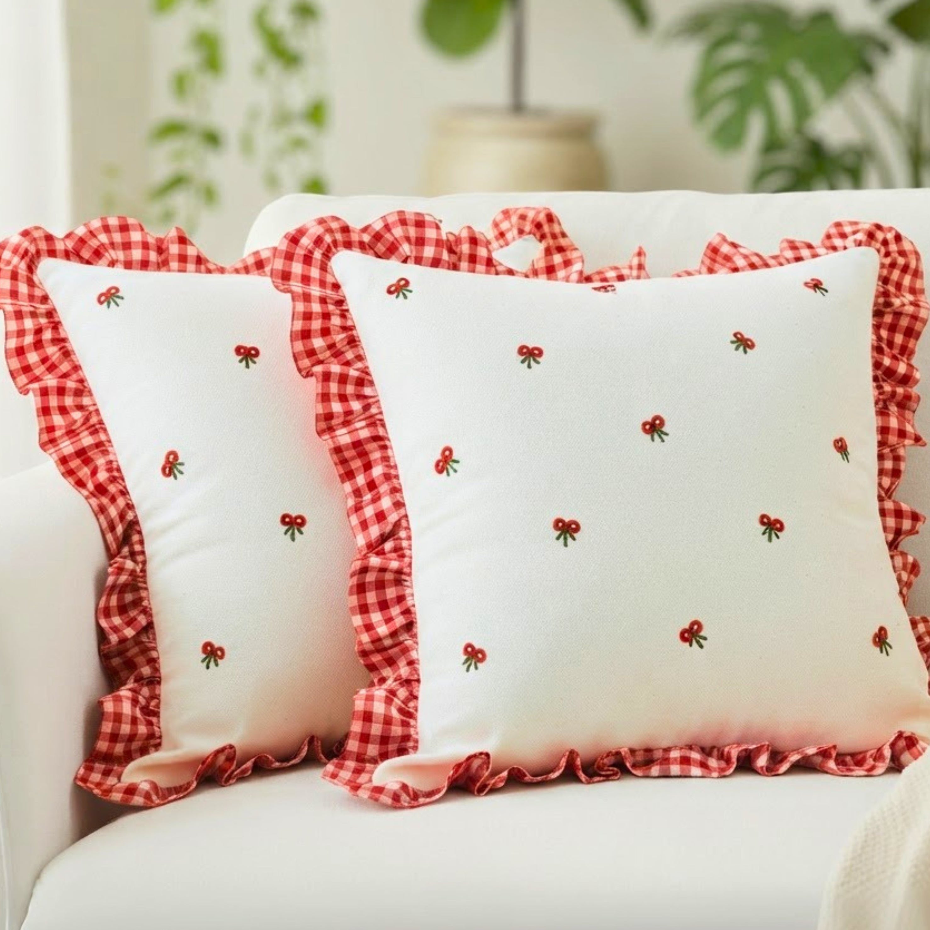 Gingham Ruffle Hand Embroidered Cushion Cover