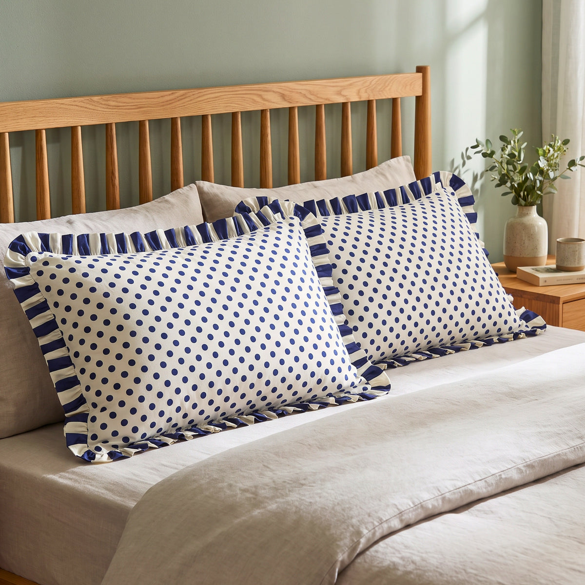 Navy Retro Polka Dot Ruffled Pillow Covers