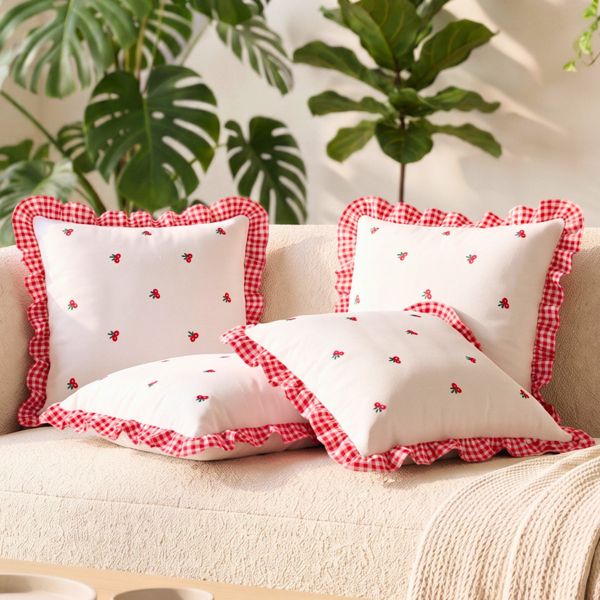 Gingham Ruffle Hand Embroidered Cushion Cover