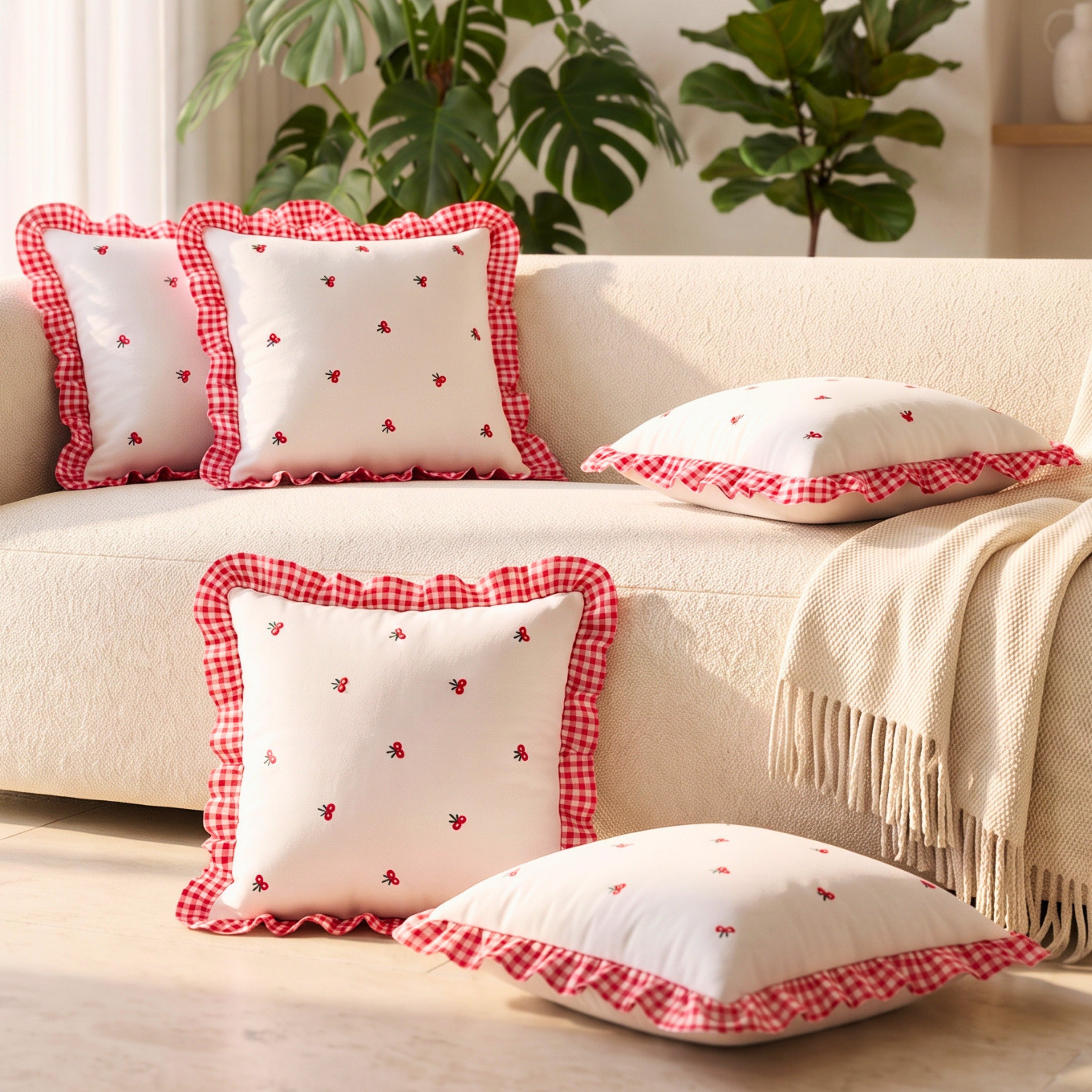 Gingham Ruffle Hand Embroidered Cushion Cover
