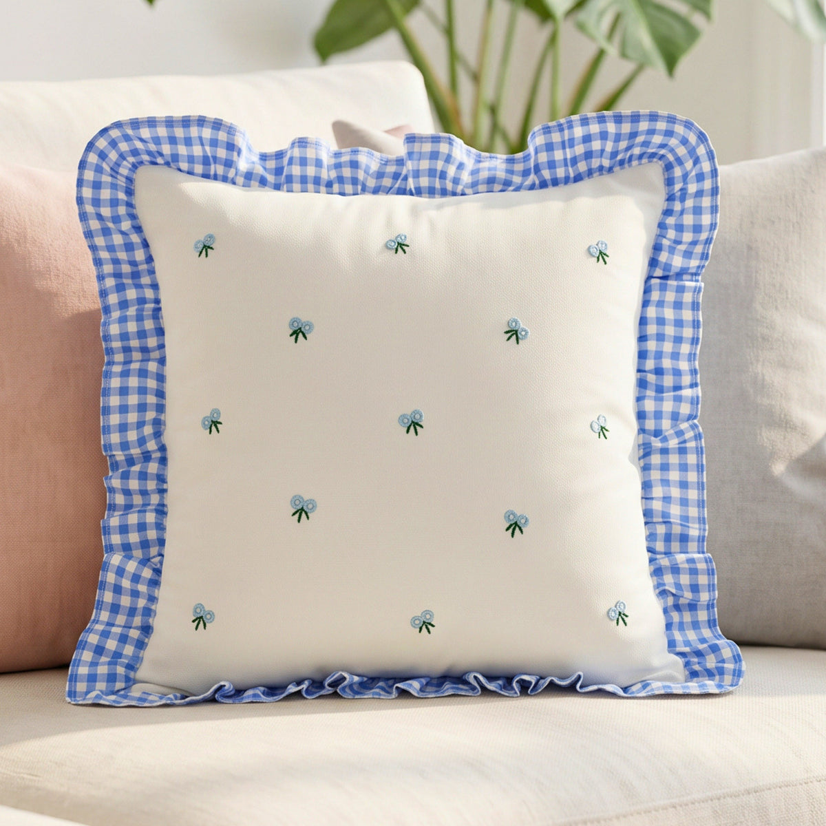 Gingham Ruffle Hand Embroidered Cushion Cover Product Description.