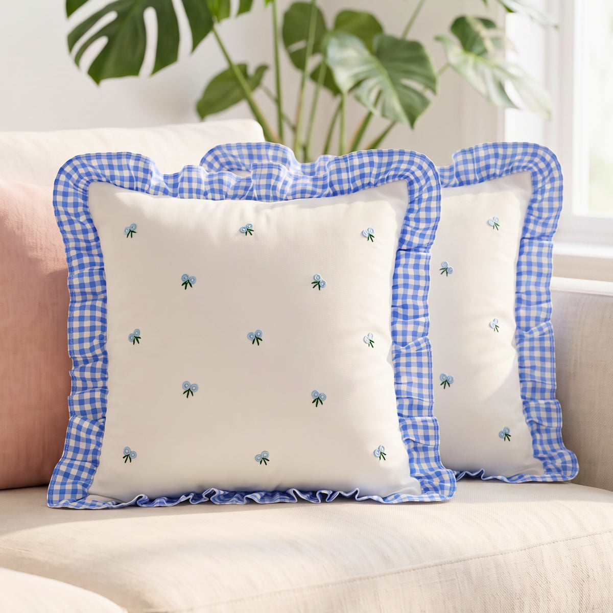 Gingham Ruffle Hand Embroidered Cushion Cover Product Description.