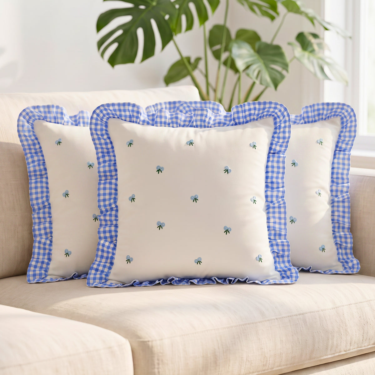 Gingham Ruffle Hand Embroidered Cushion Cover Product Description.