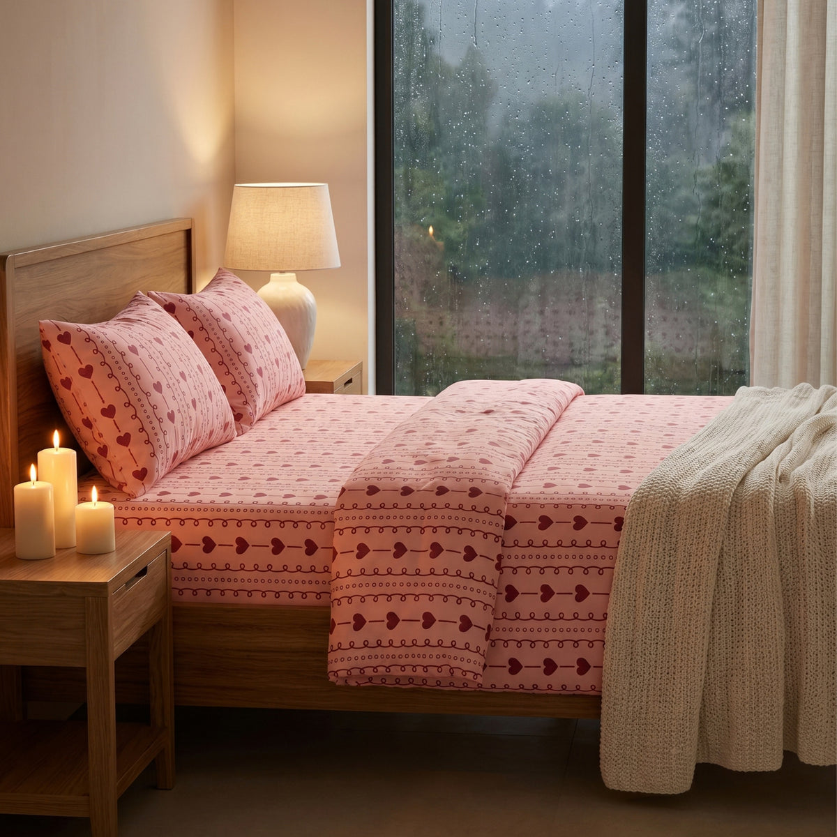 Romantic Red Hearts & Dainty Pink Stripe Pattern Soft, Breathable Screen Printed Flat Sheet King Size
