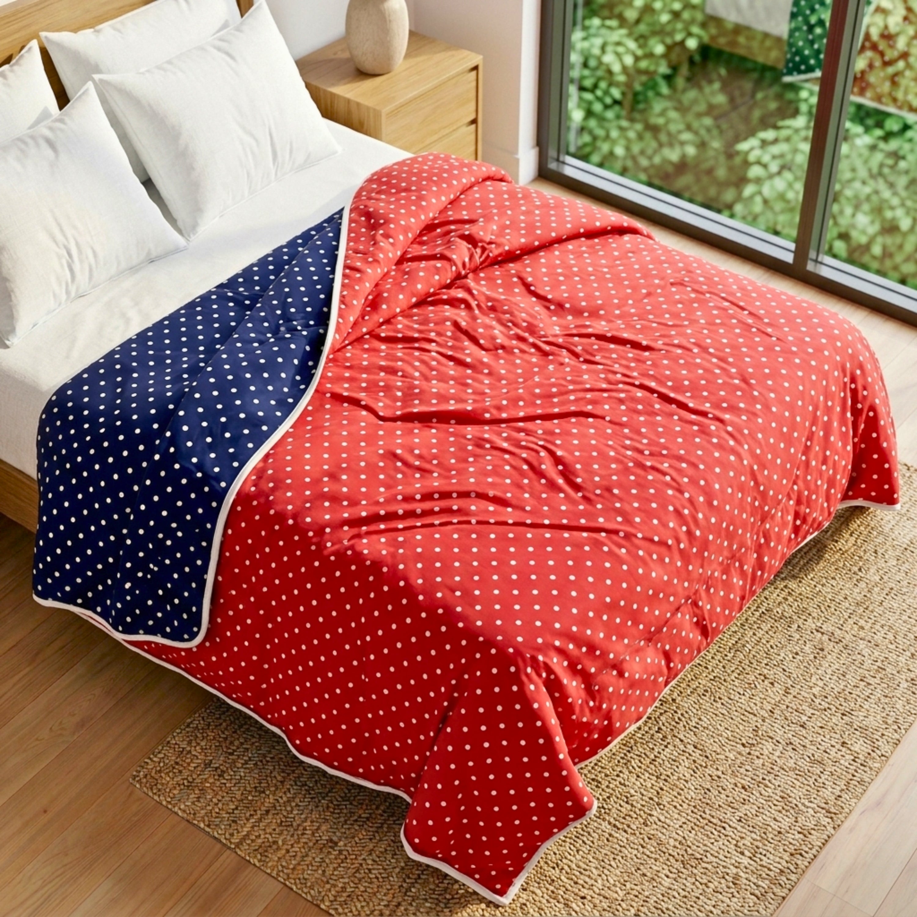 Premium Cotton Dohar for Double Bed | Reversible Polka Dot Design Red & Navy Blue