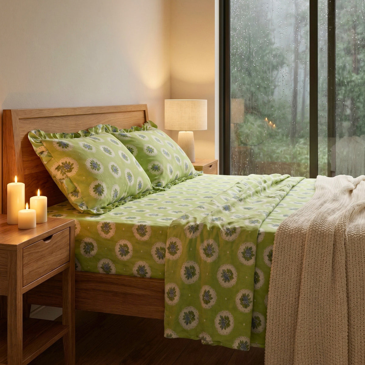 Sage Green & White Floral Pattern with Blue Medallions Soft, Breathable Screen Printed Flat Sheet King Size