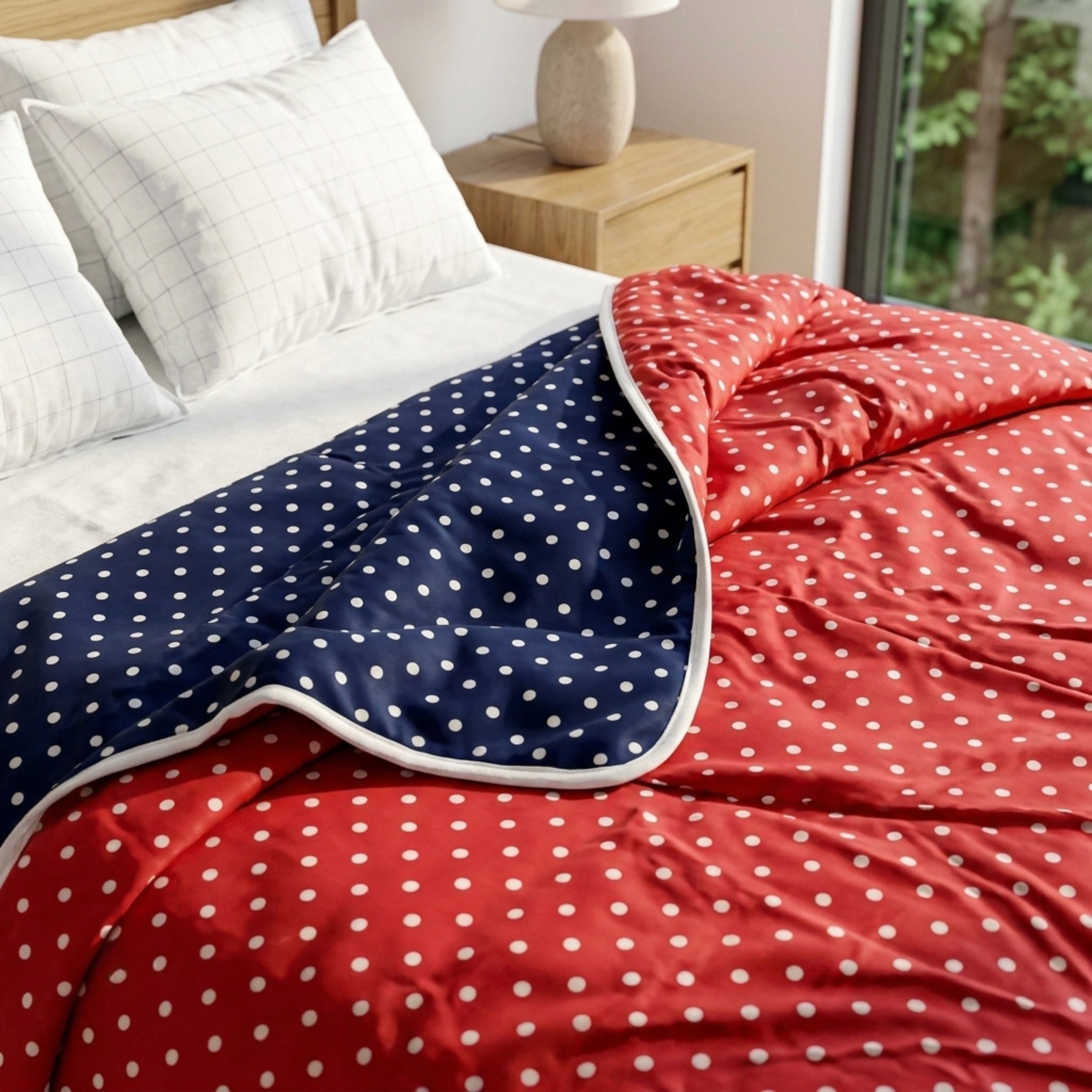 Premium Cotton Dohar for Double Bed | Reversible Polka Dot Design Red & Navy Blue