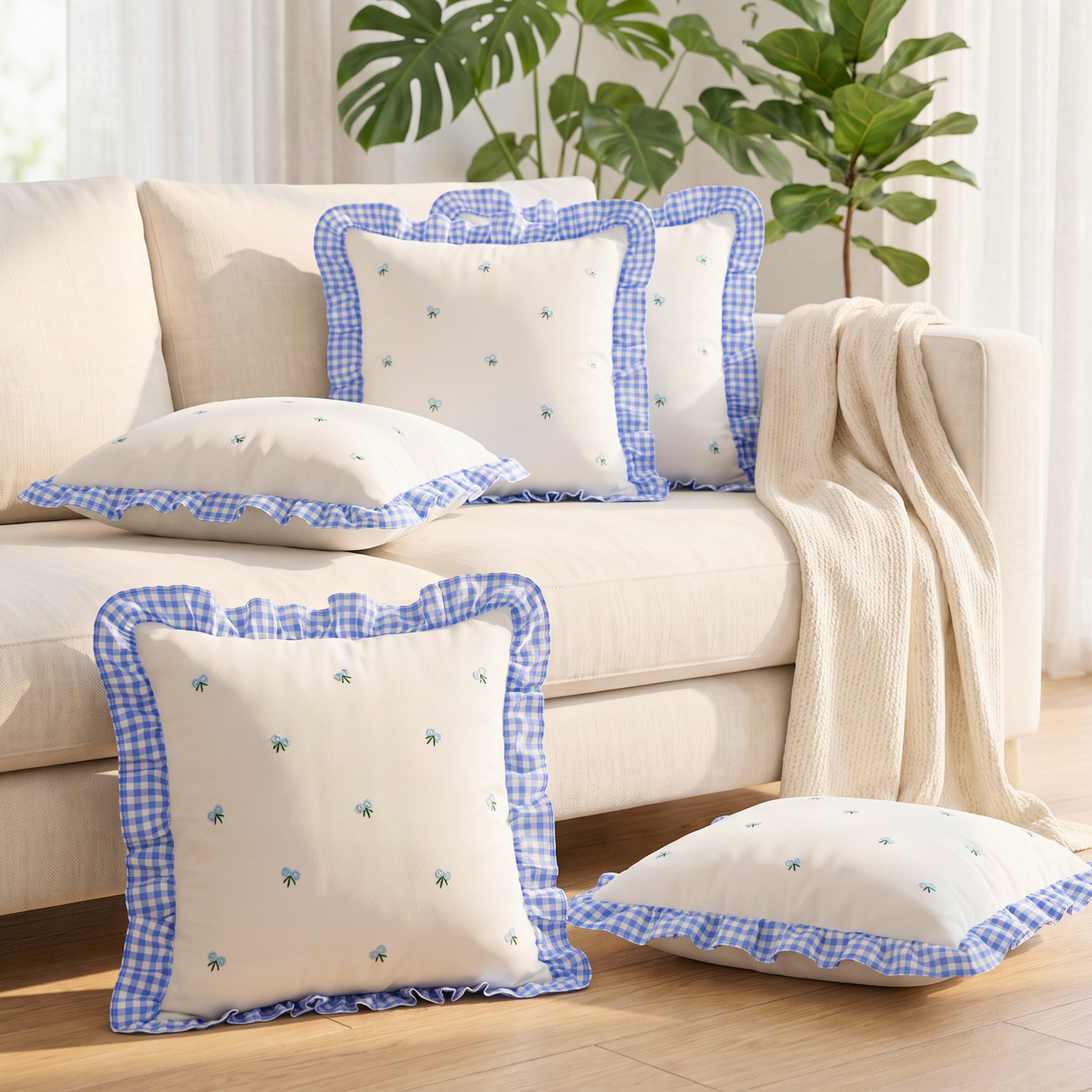Gingham Ruffle Hand Embroidered Cushion Cover Product Description.