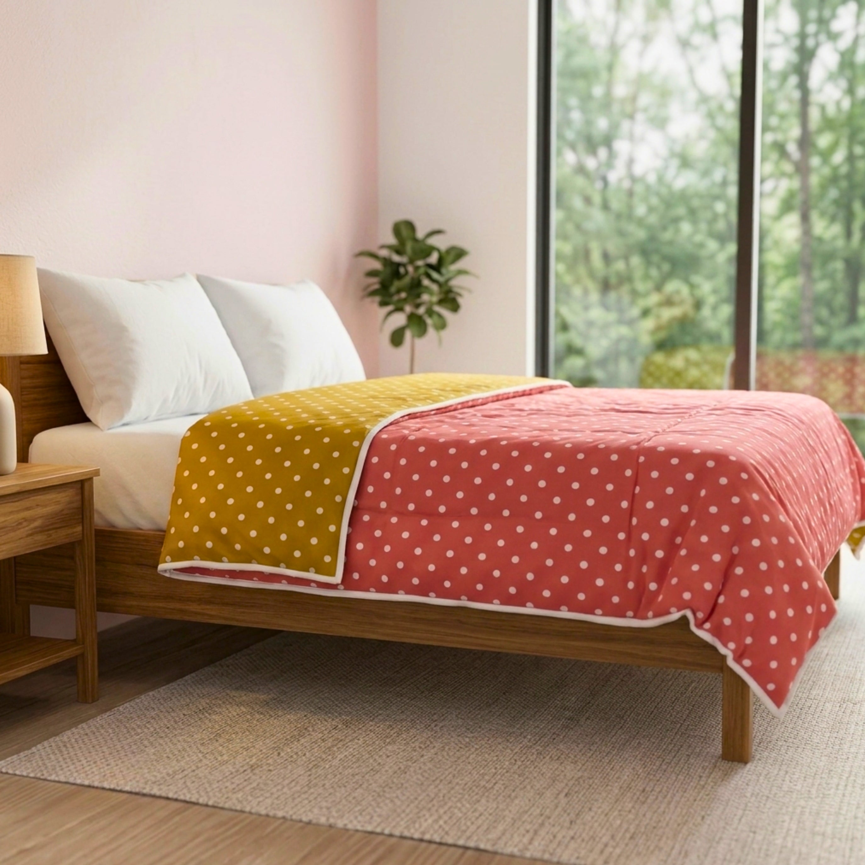 Sleepy Threads Reversible Polka Dot Dohar – Soft Cotton Lightweight AC Blanket for Double Bed | Pink & Mustard