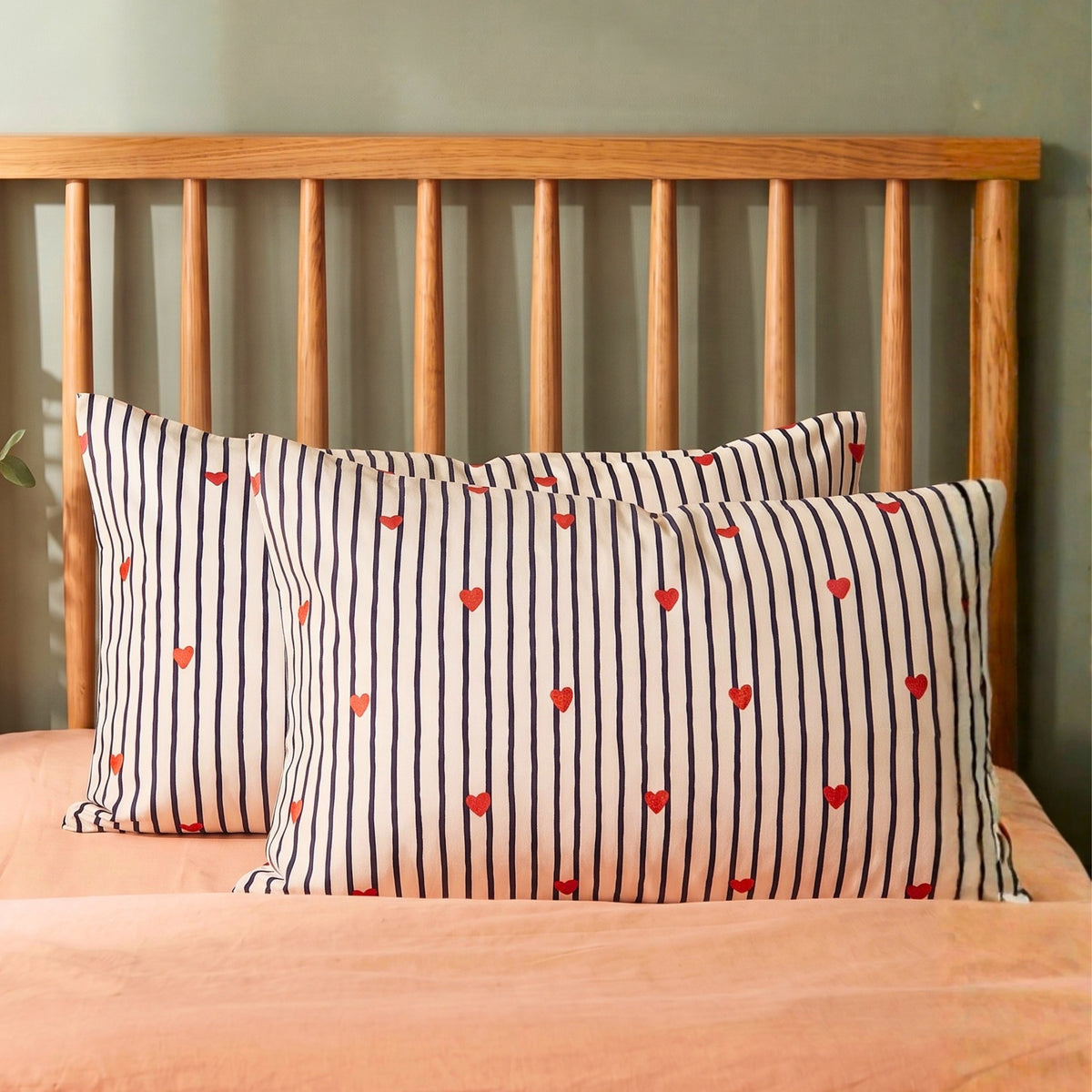 Striped Red Heart Printed Cotton Pillow Cover