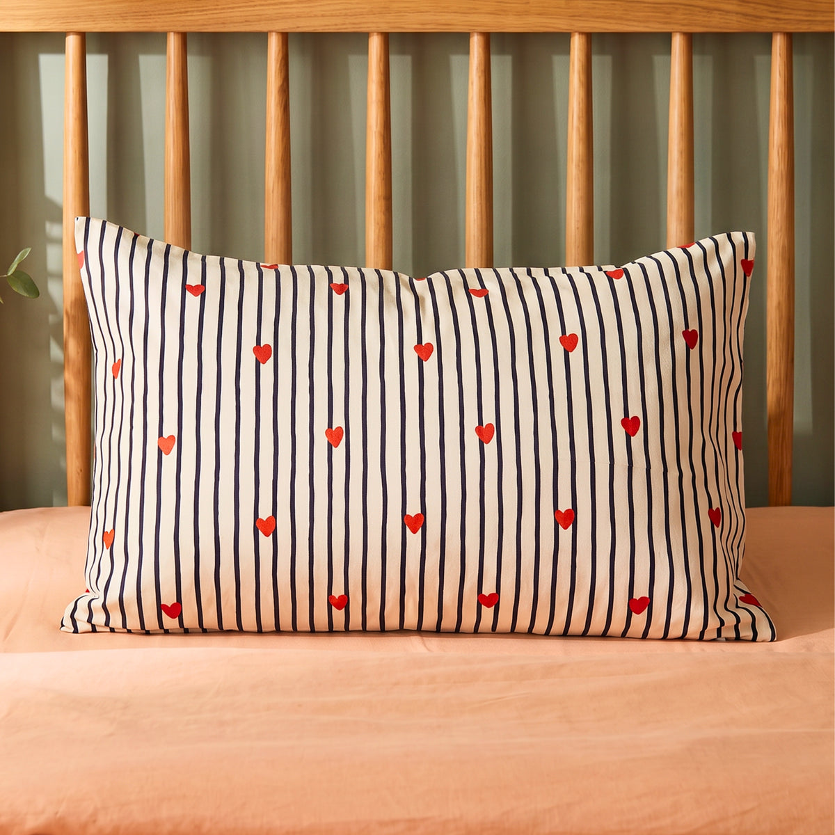 Striped Red Heart Printed Cotton Pillow Cover