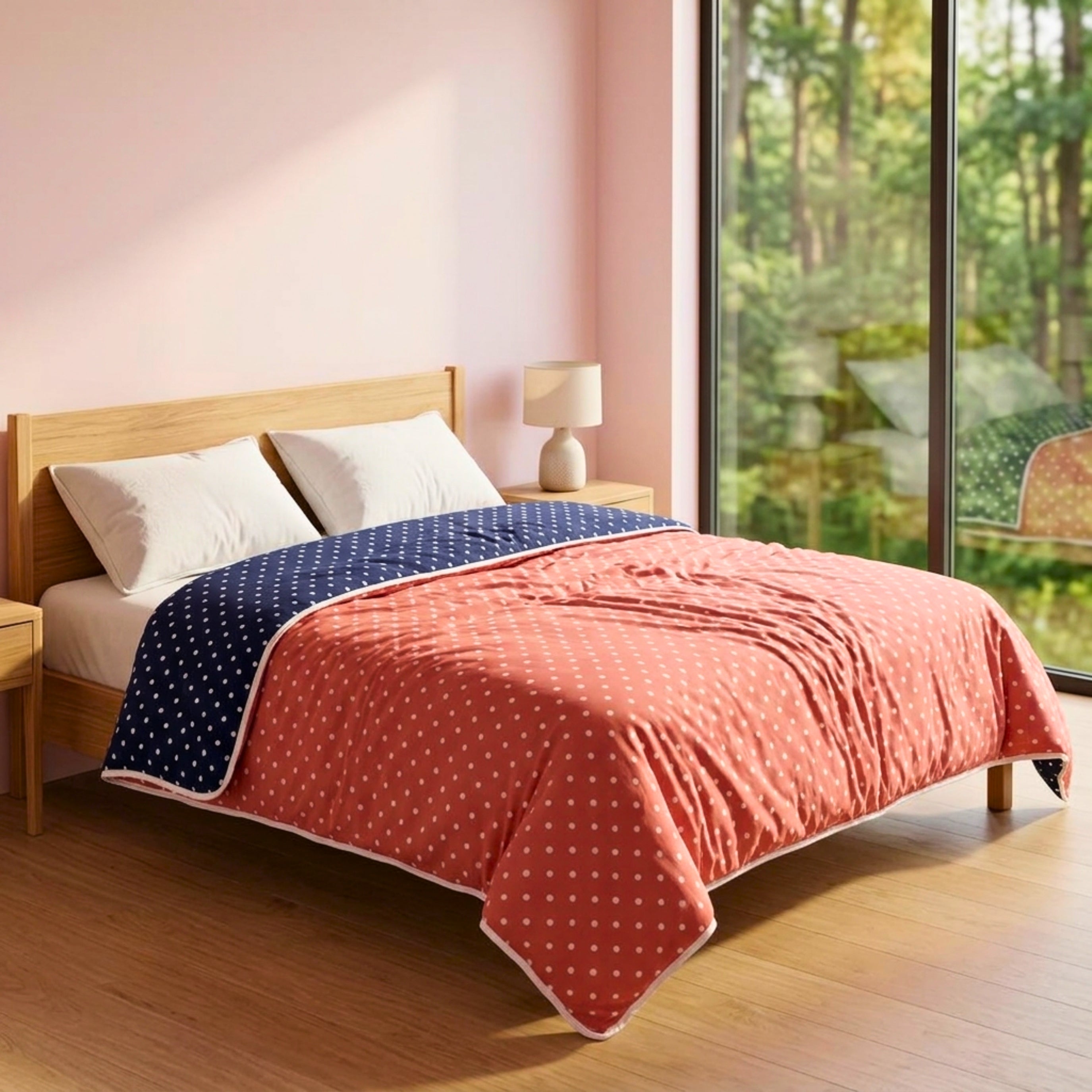 Sleepy Threads Reversible Polka Dot Dohar – Premium Soft Cotton Lightweight AC Blanket for Double Bed | Coral Pink & Navy Blue